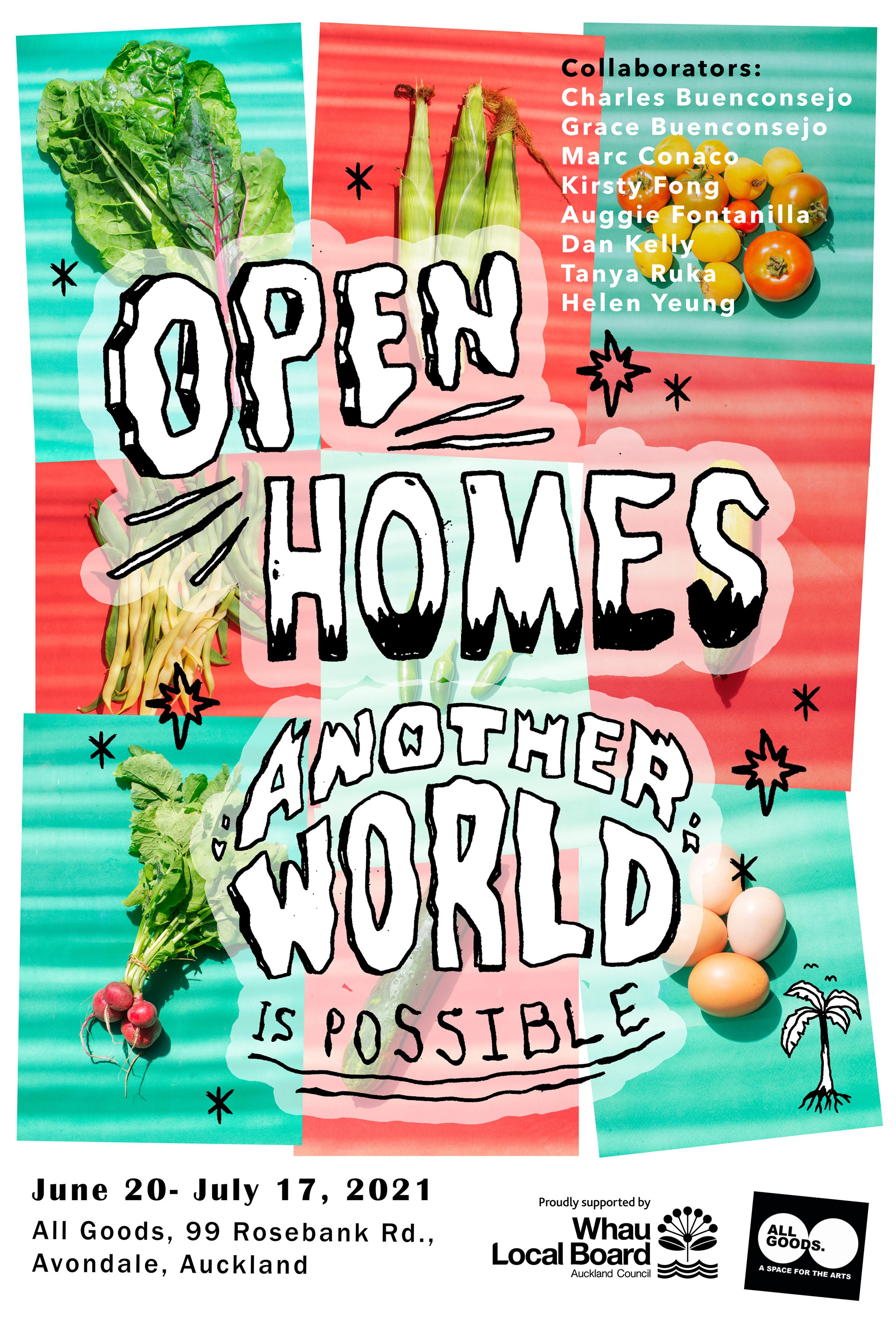 Poster with the words "Open Homes, Another world is possible" in front of various vegetables