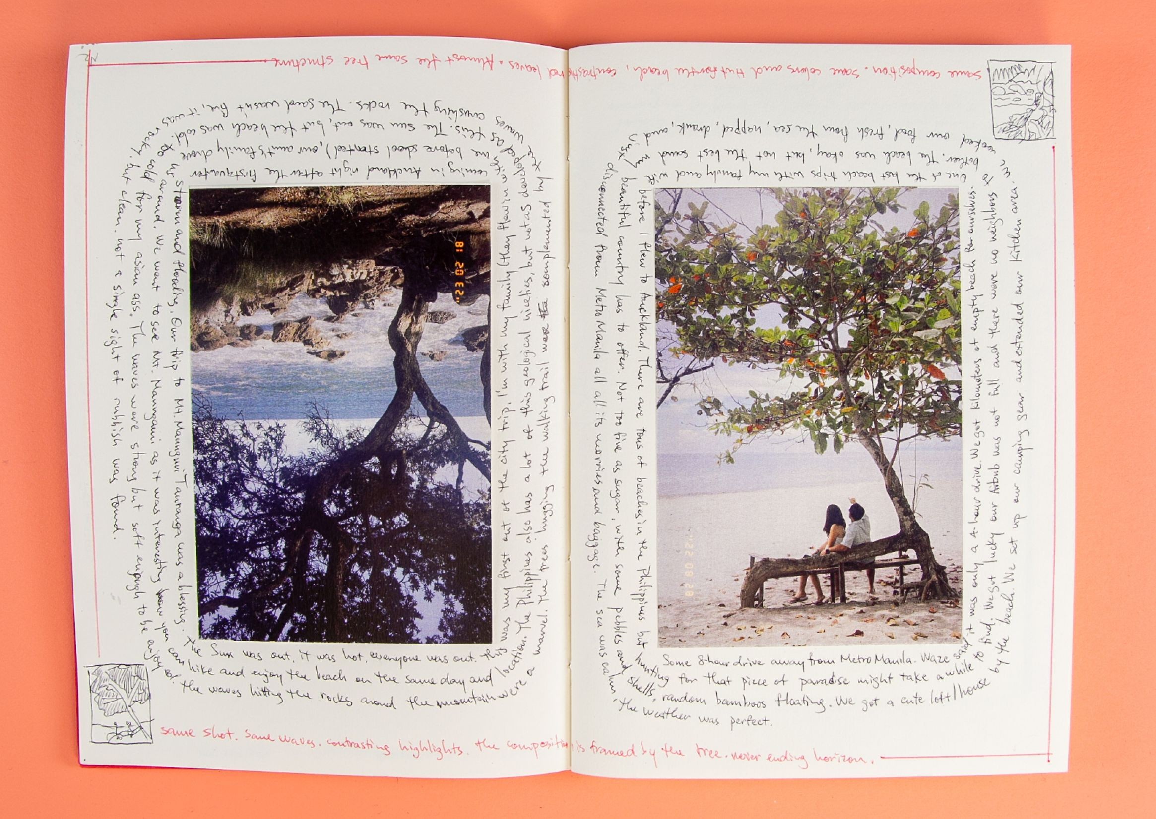 Photos of a tree on the beach - one taken from the Philippines the other from Aotearoa - with handwritten notes scribbled around the photos