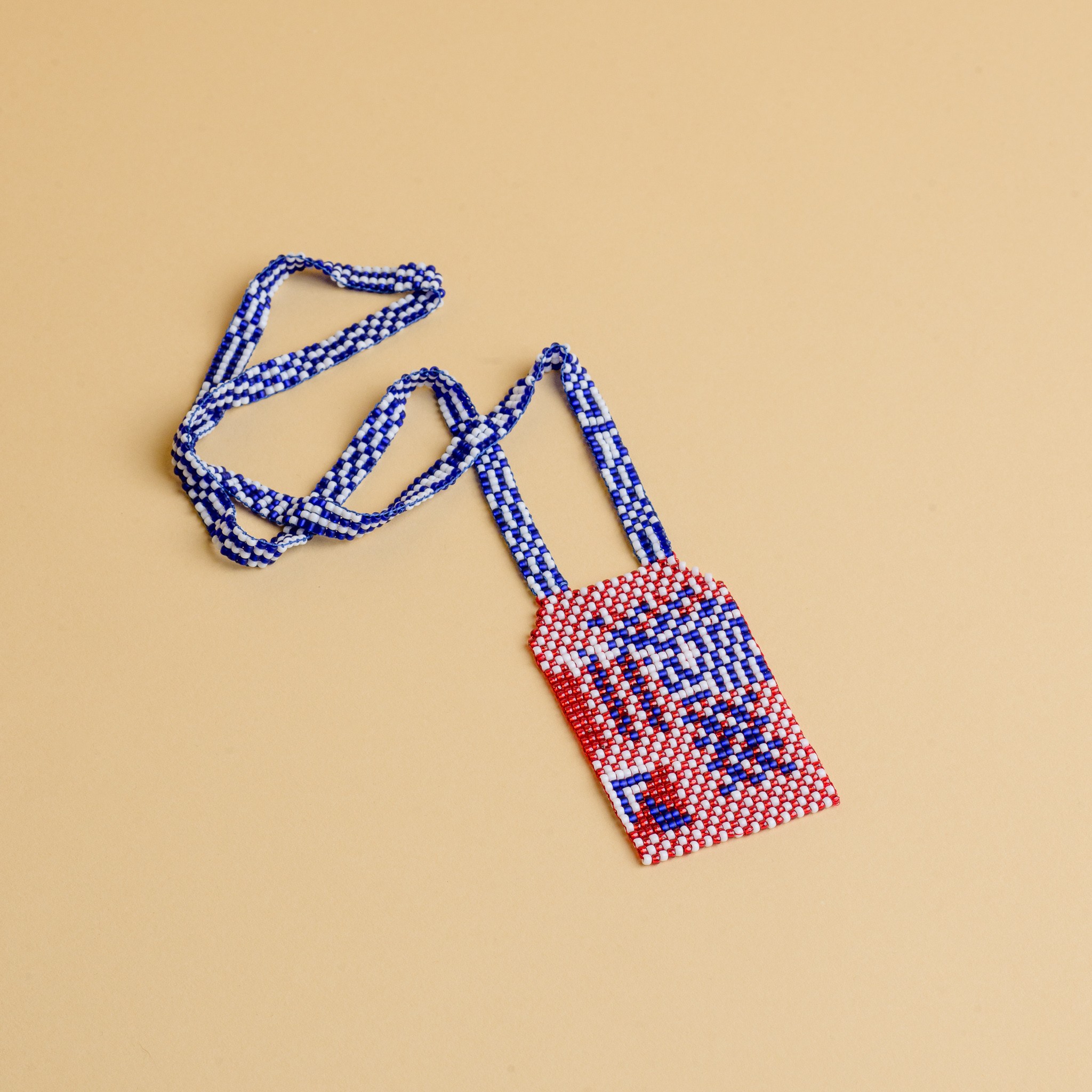 A necklace made of red and blue beads