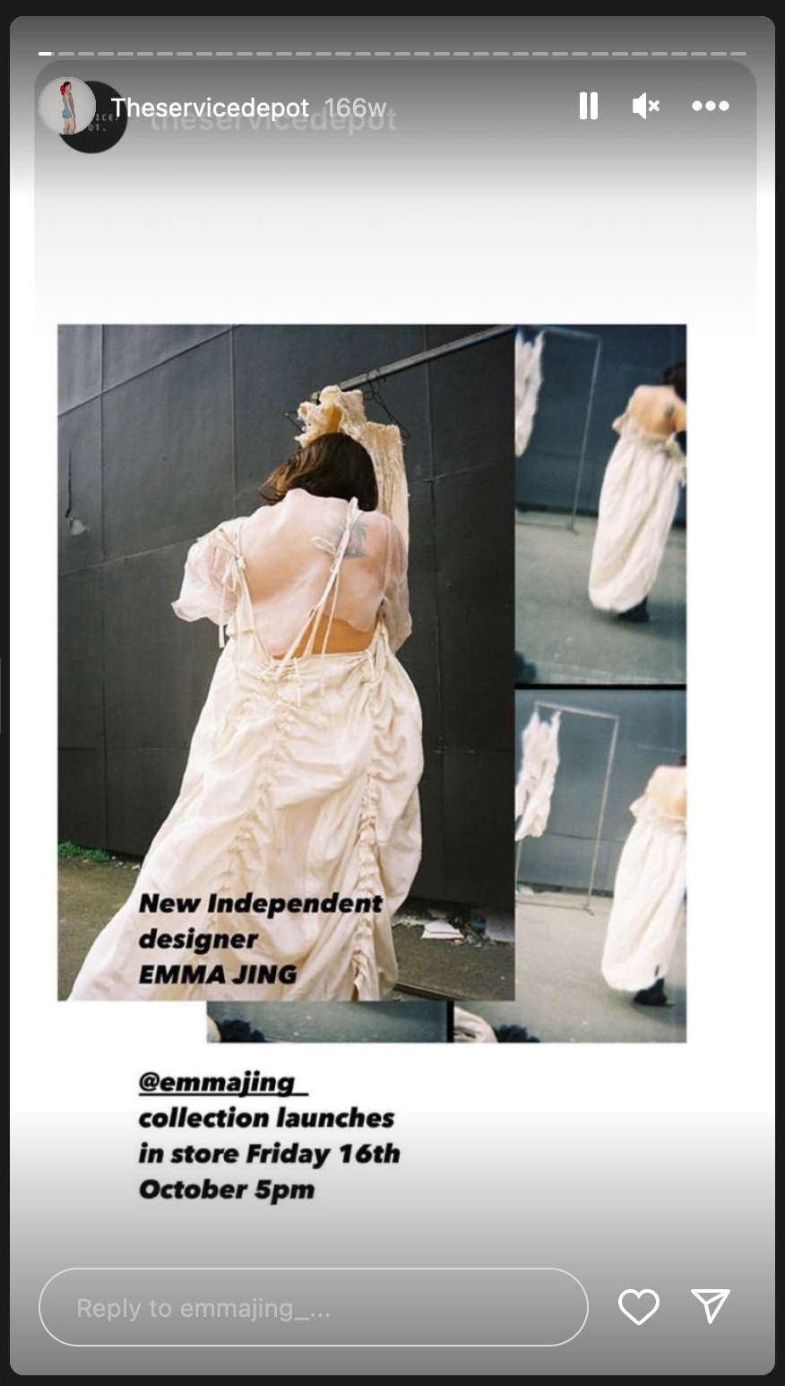 Photograph of a model in a cream dress, overalaid with announcement text 