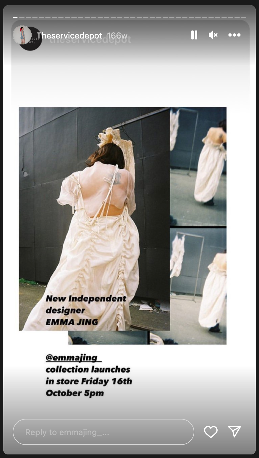 Photograph of a model in a cream dress, overalaid with announcement text