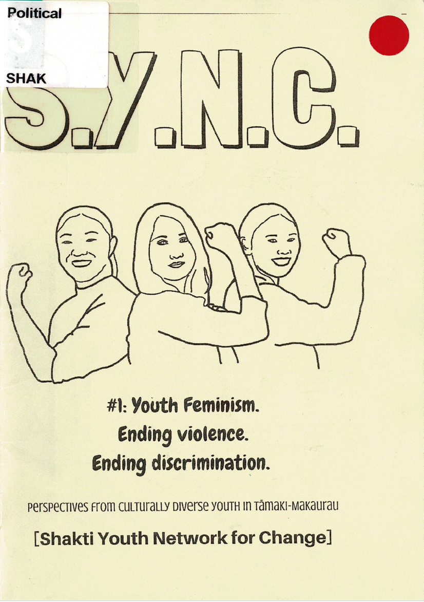 S.Y.N.C in block letters at the top with a line art illustration of three women doing a Rosie the Riveter pose and smiling together. Text below gives more details about the issue.