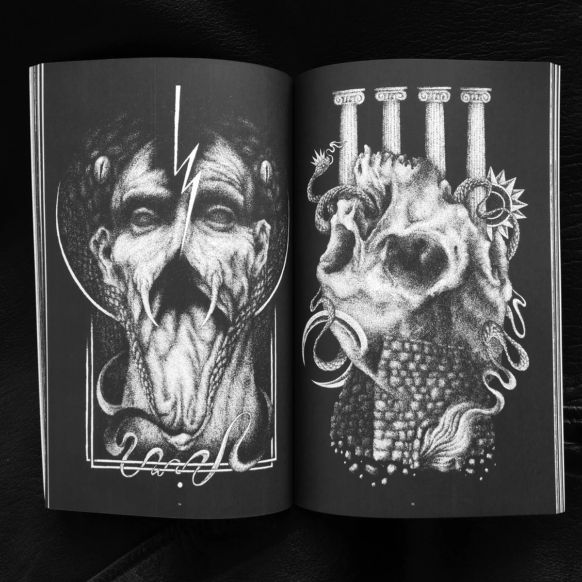 Page spreads of a zine featuring white abstract illustrations on black paper. The illustrations have a morbid tone to them.   