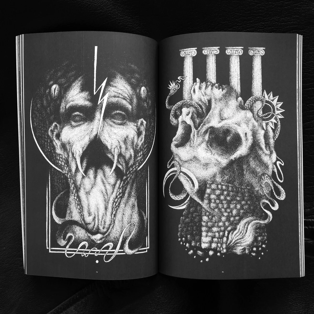 Page spreads of a zine featuring white abstract illustrations on black paper. The illustrations have a morbid tone to them.