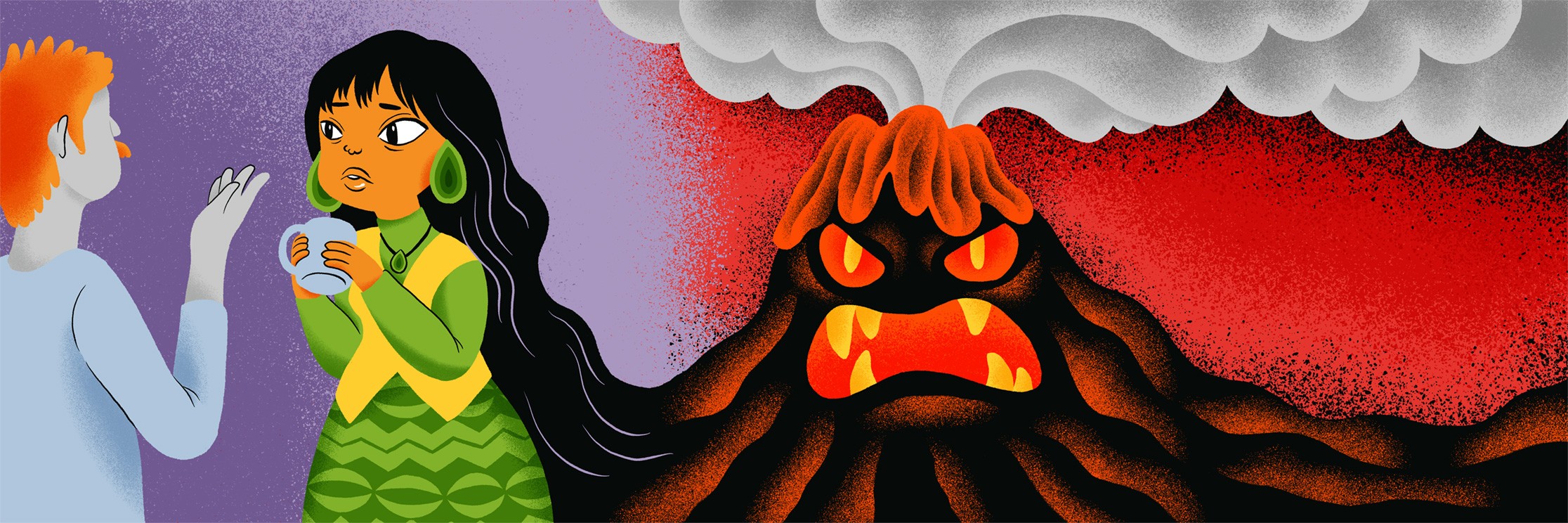 A landscape illustration of a person talking to a woman whose hair merges into a volcano.