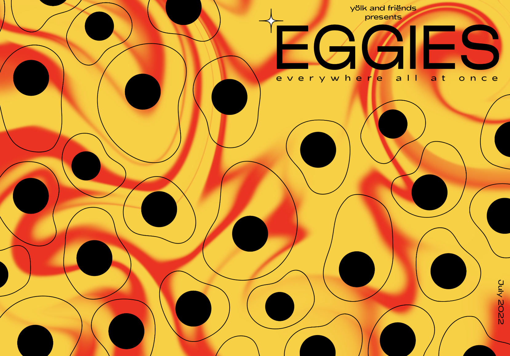 A yellow and orange colour swirls with black and white egg shapes overlayed on top. 