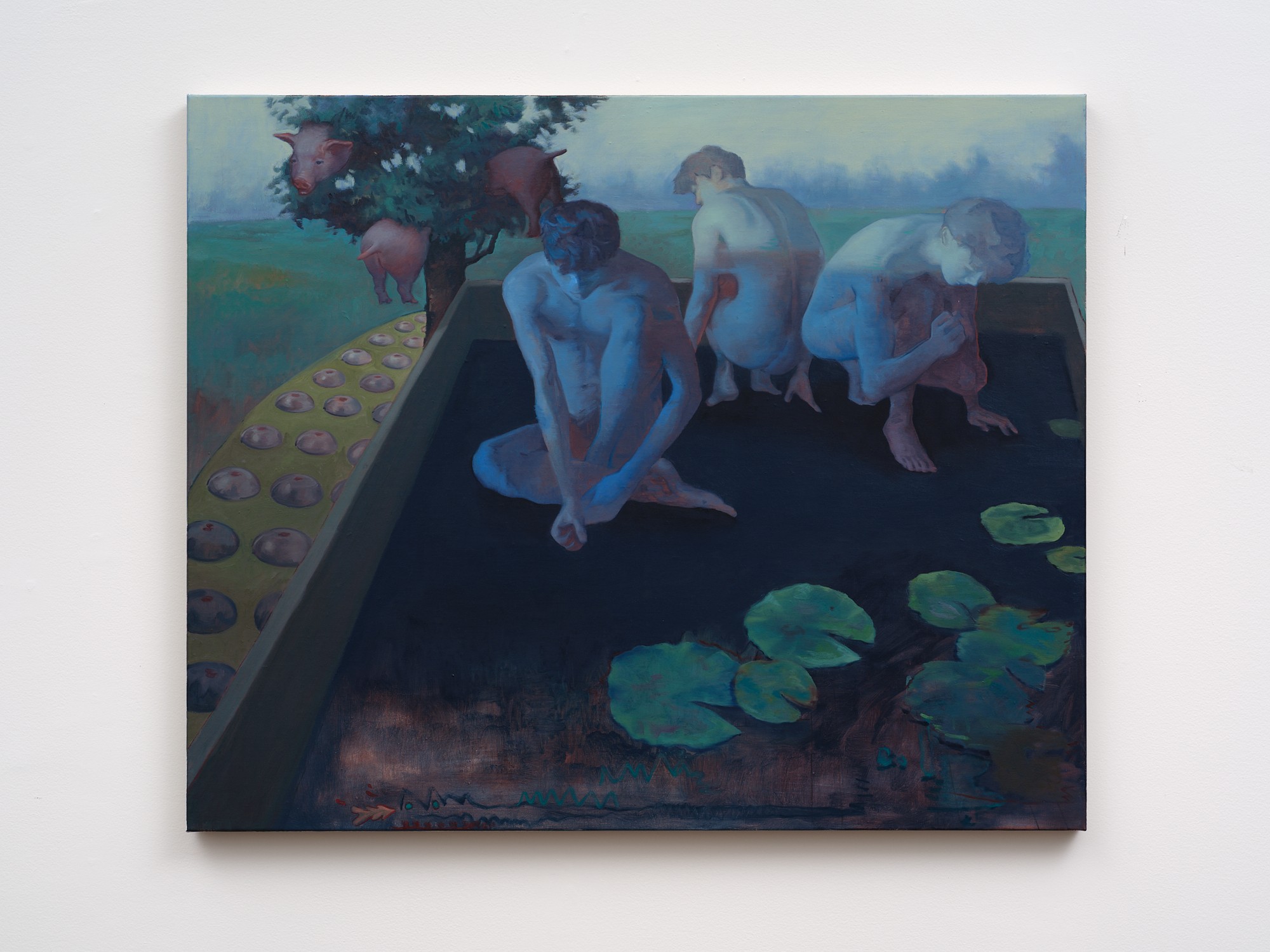 A painting of a garden with blue nude figures crouching in a garden bed with lily pad and pigs in a tree in the background