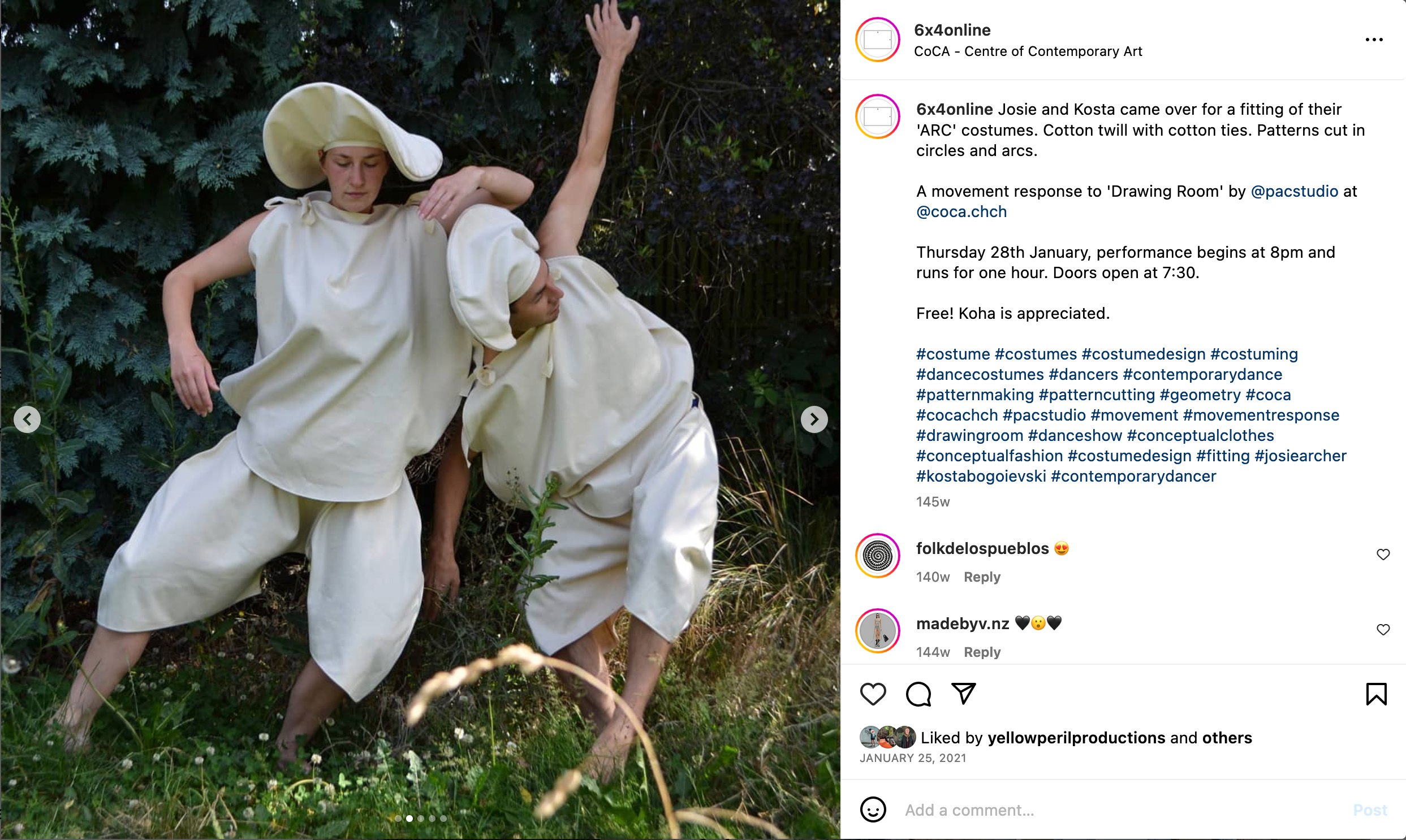 Screenshot of an Instagram post showing two dancers in voluminous cream costumes