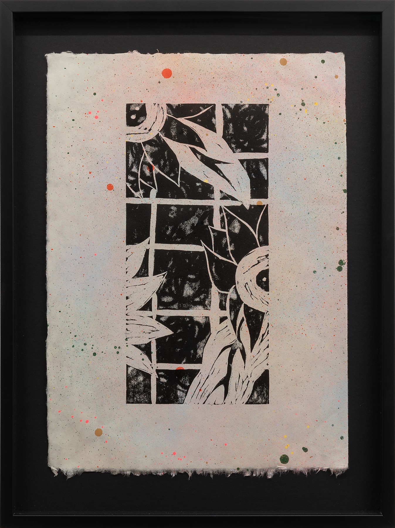 Black and white screen-print of flowers against a window