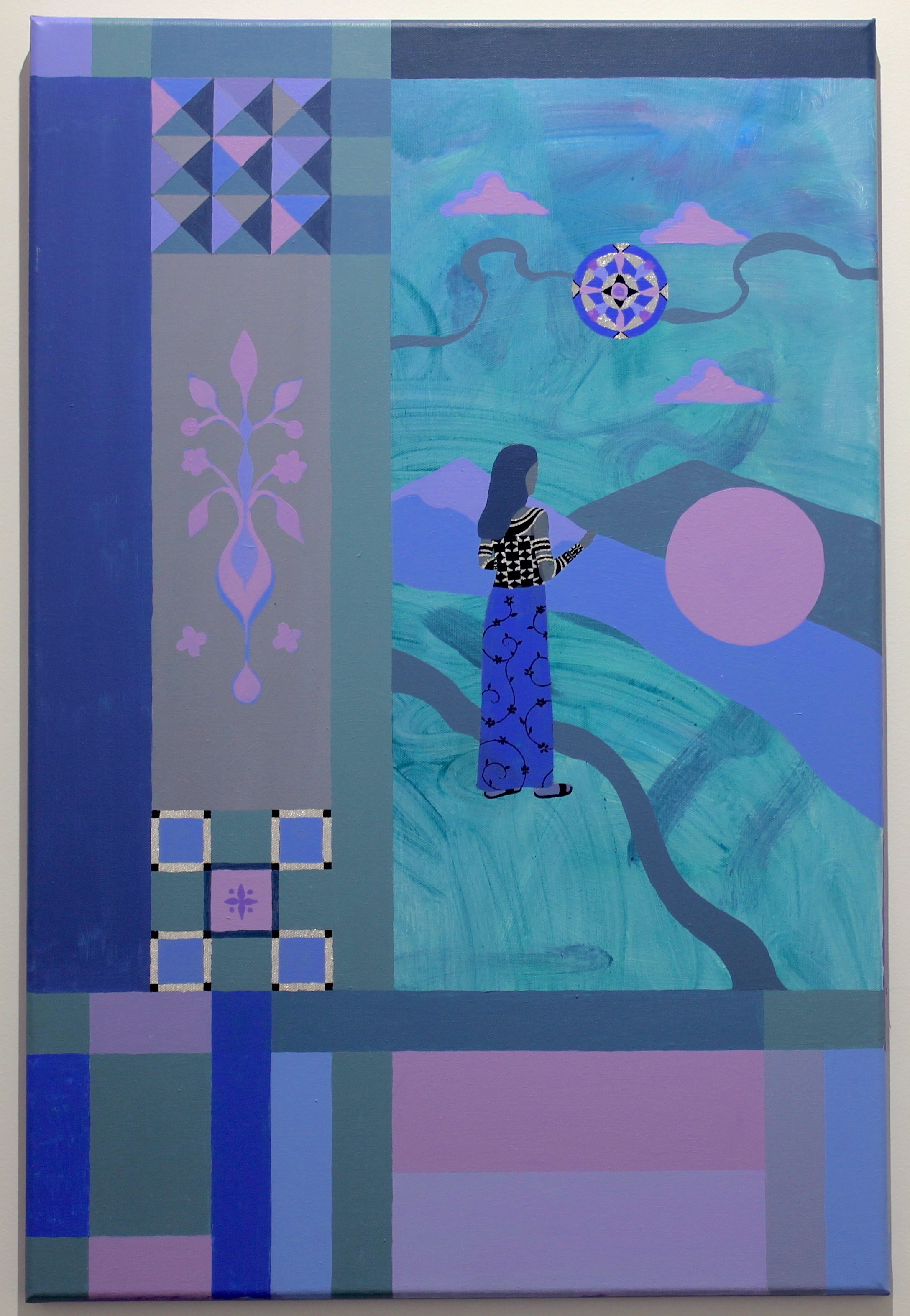 A painting with blue, purple, green and grey tones. There is a a woman depicted in the painting wearing a long skirt and her back is facing the viewer. She stands in a portion of the painting that depicts a small landscape. The rest of the painting is made up of several differently coloured lines and grids.
