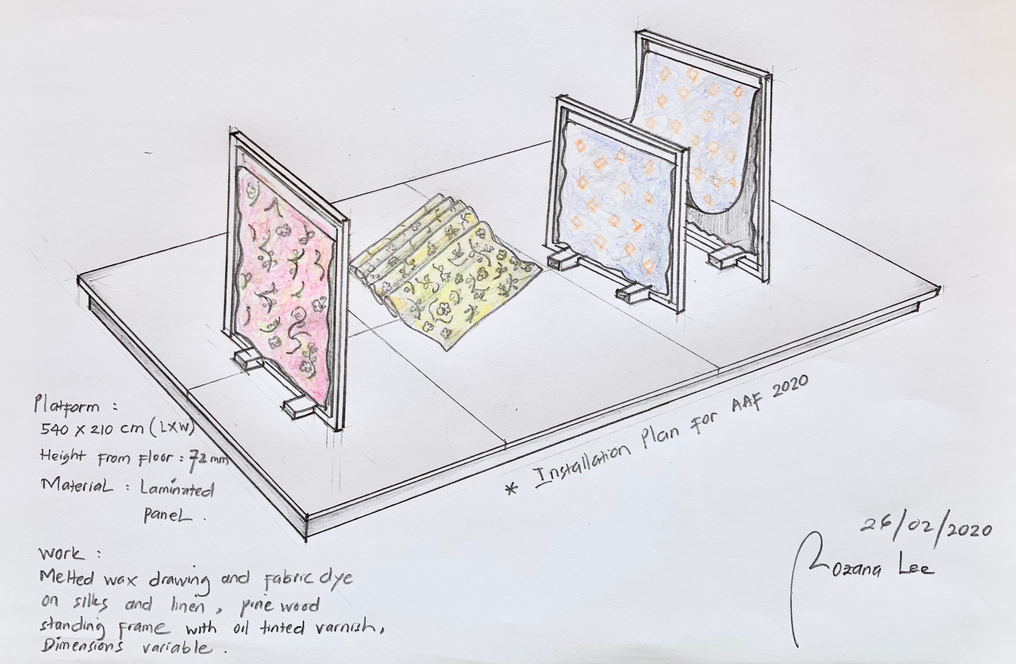 Drawing showing frames holding pieces of fabric, with handwritten notes and measurements.