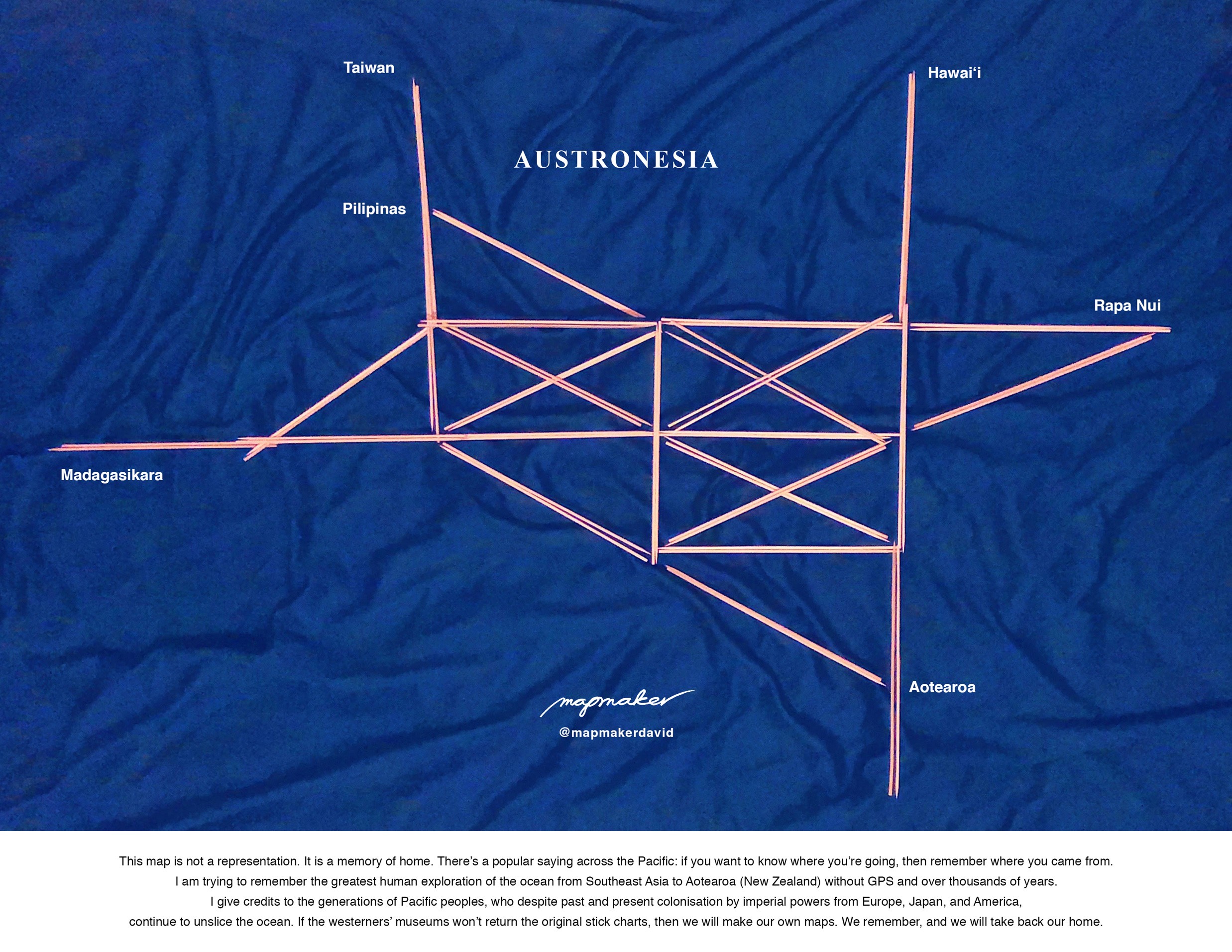 Slender sticks are illustrated in a triangular grid pattern with place names at some of the intersections and points.
