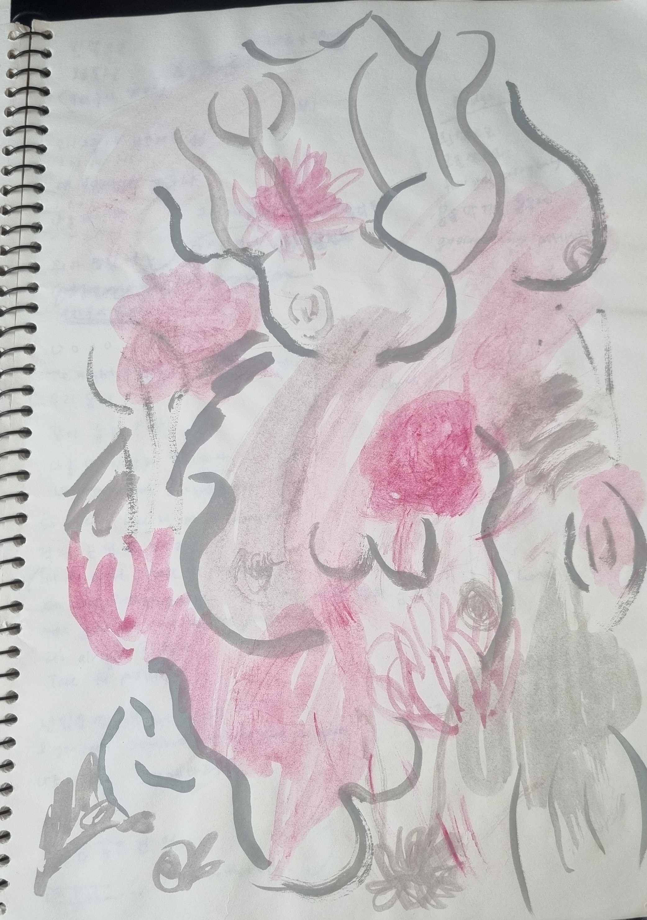 Abstract ink painting in a sketchbook with wiggly grey and pink lines.