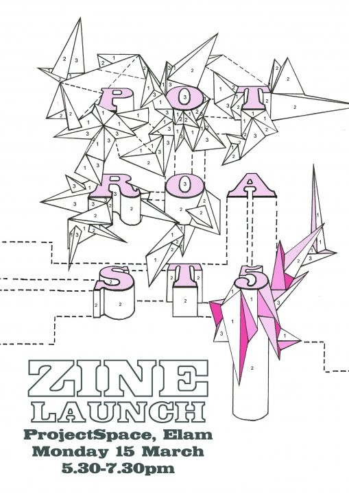 A launch party poster with geometric pink and white illustrations. 