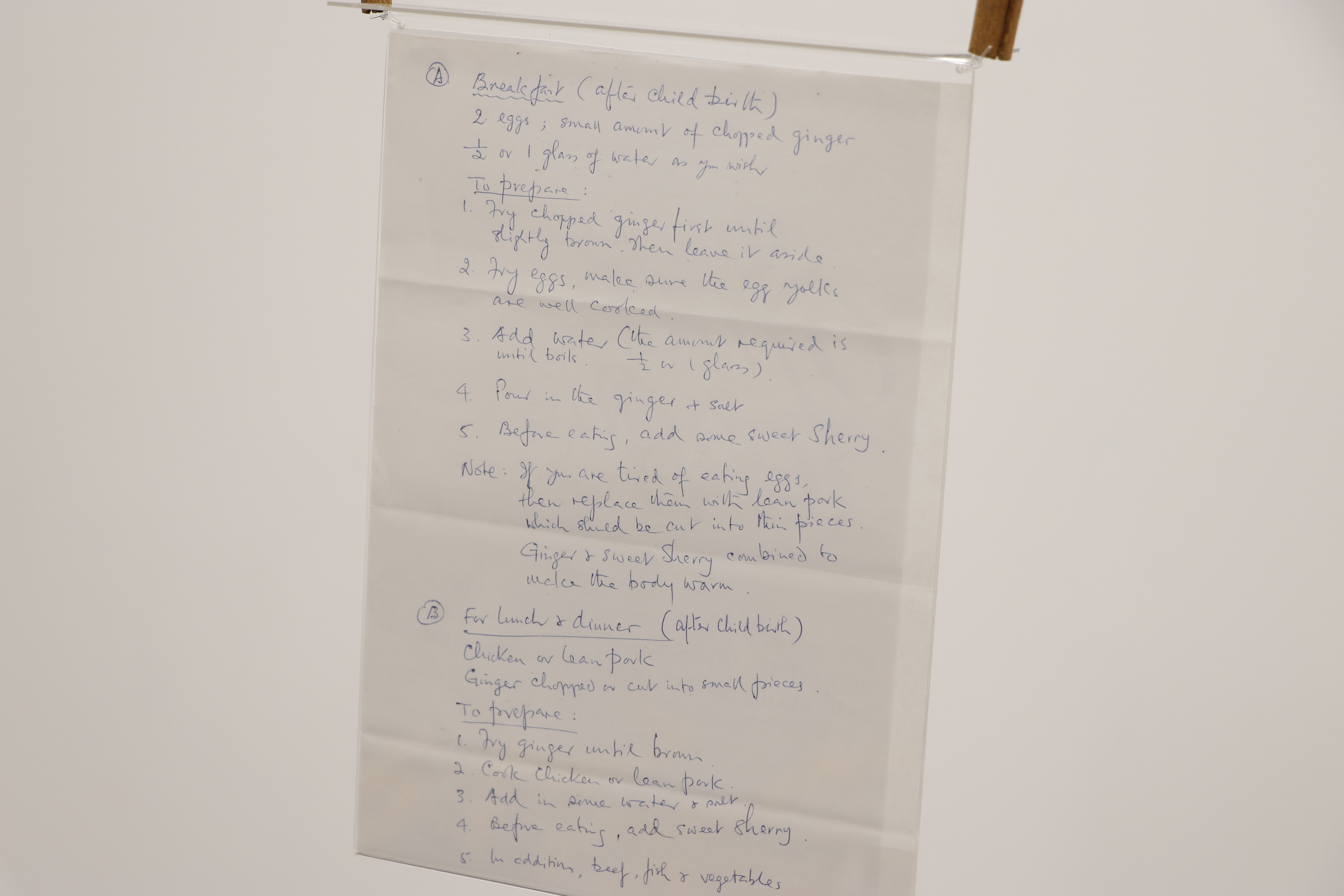 Postpartum recipes in a document sleeve hang from a chain of jujubes.