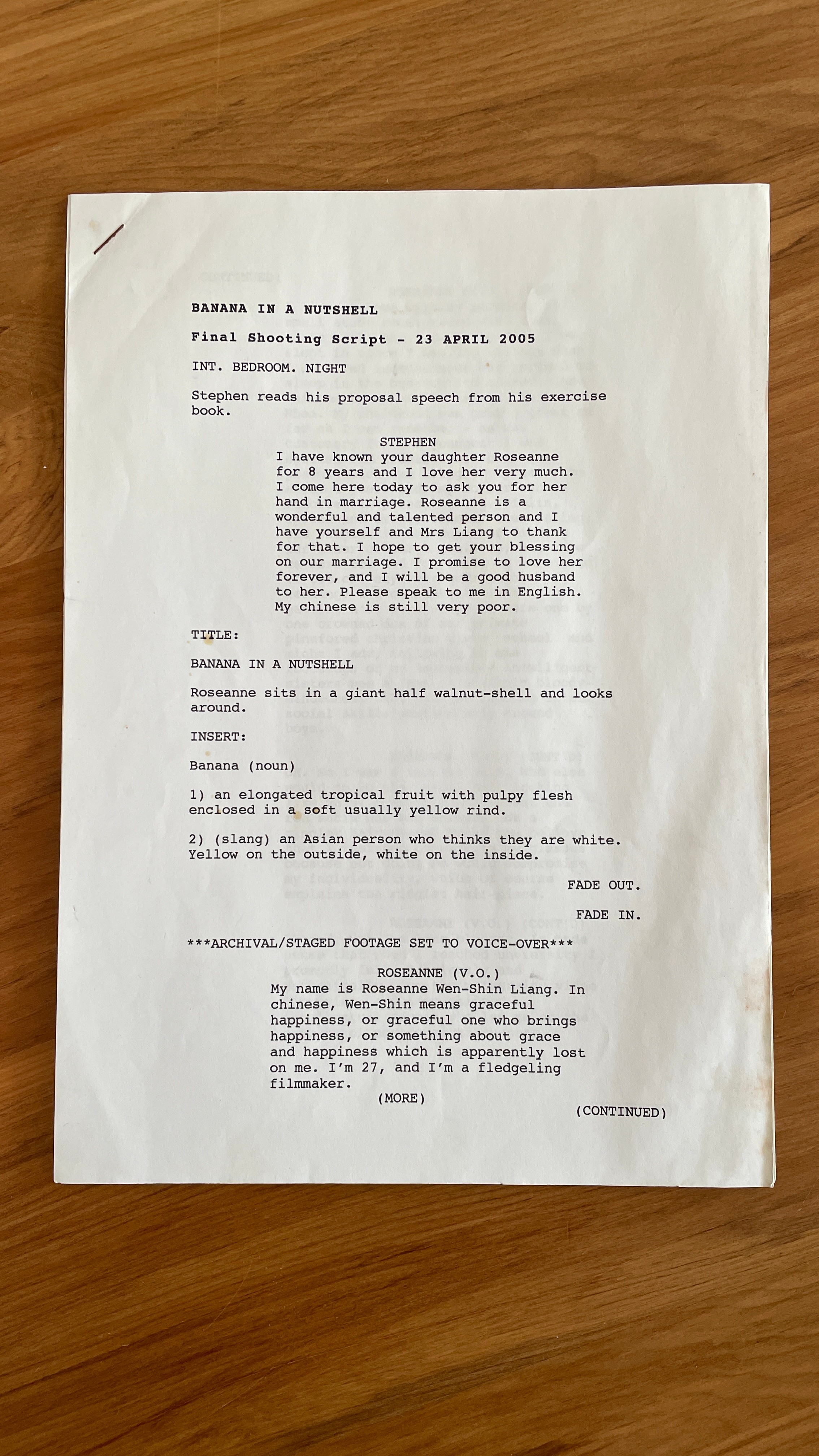 First page of the shooting script for ‘Banana in a Nutshell’, credited to Roseanne Liang.