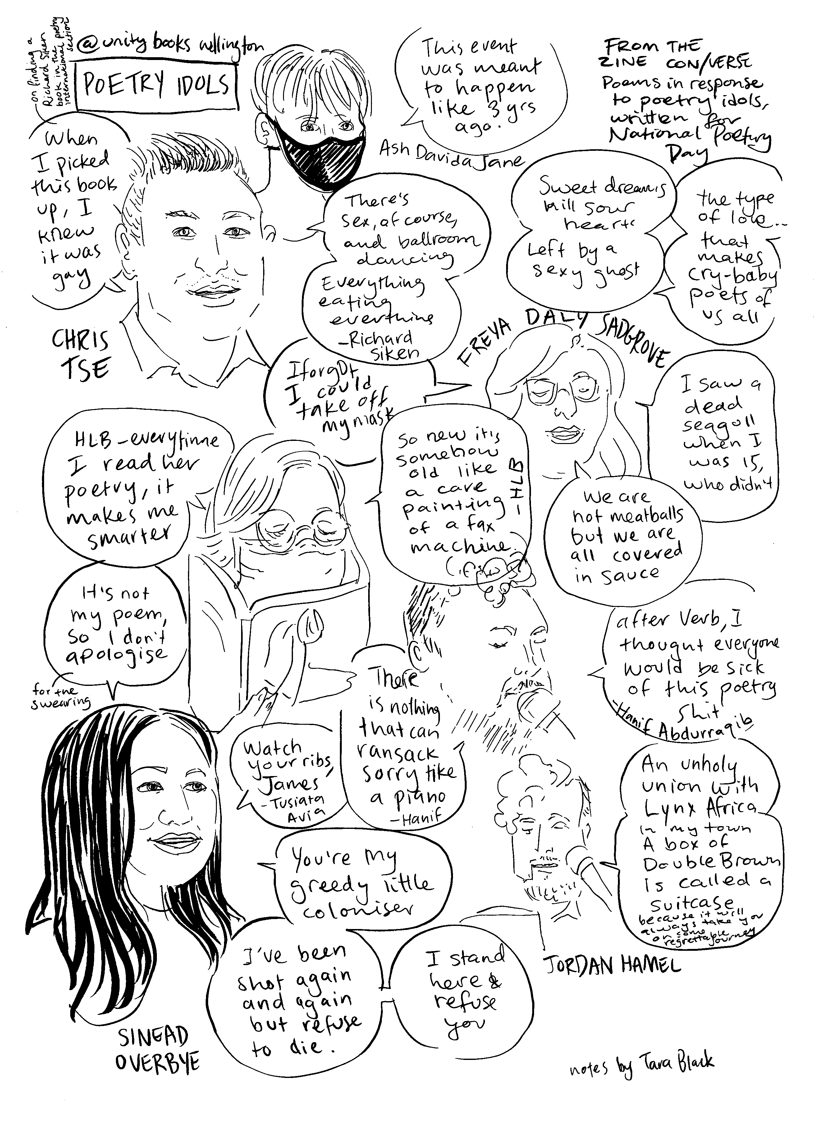 Cartoon heads with quotes from the talk