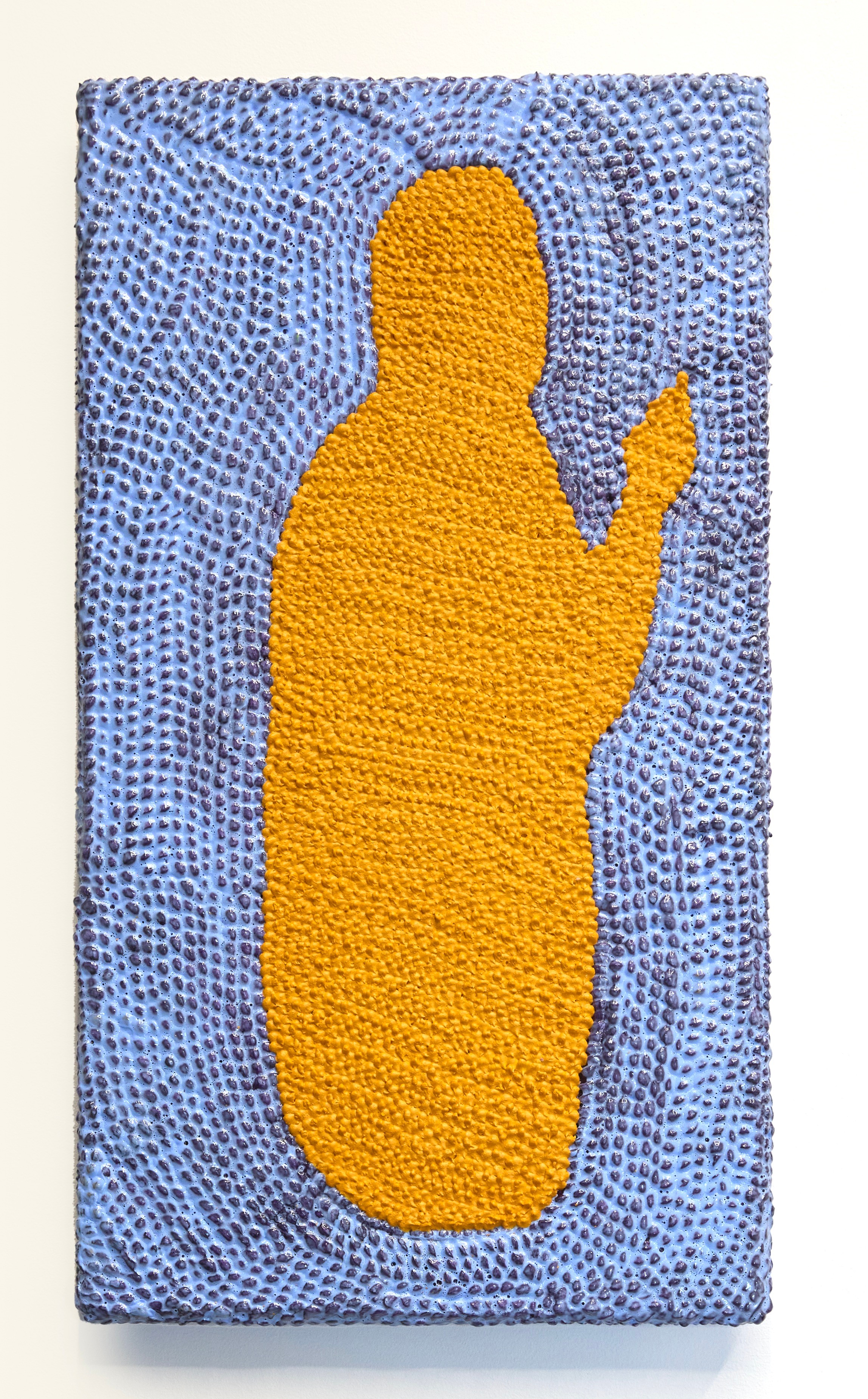 A photograph of a textured painting with a light blue background and a yellow character in the centre.