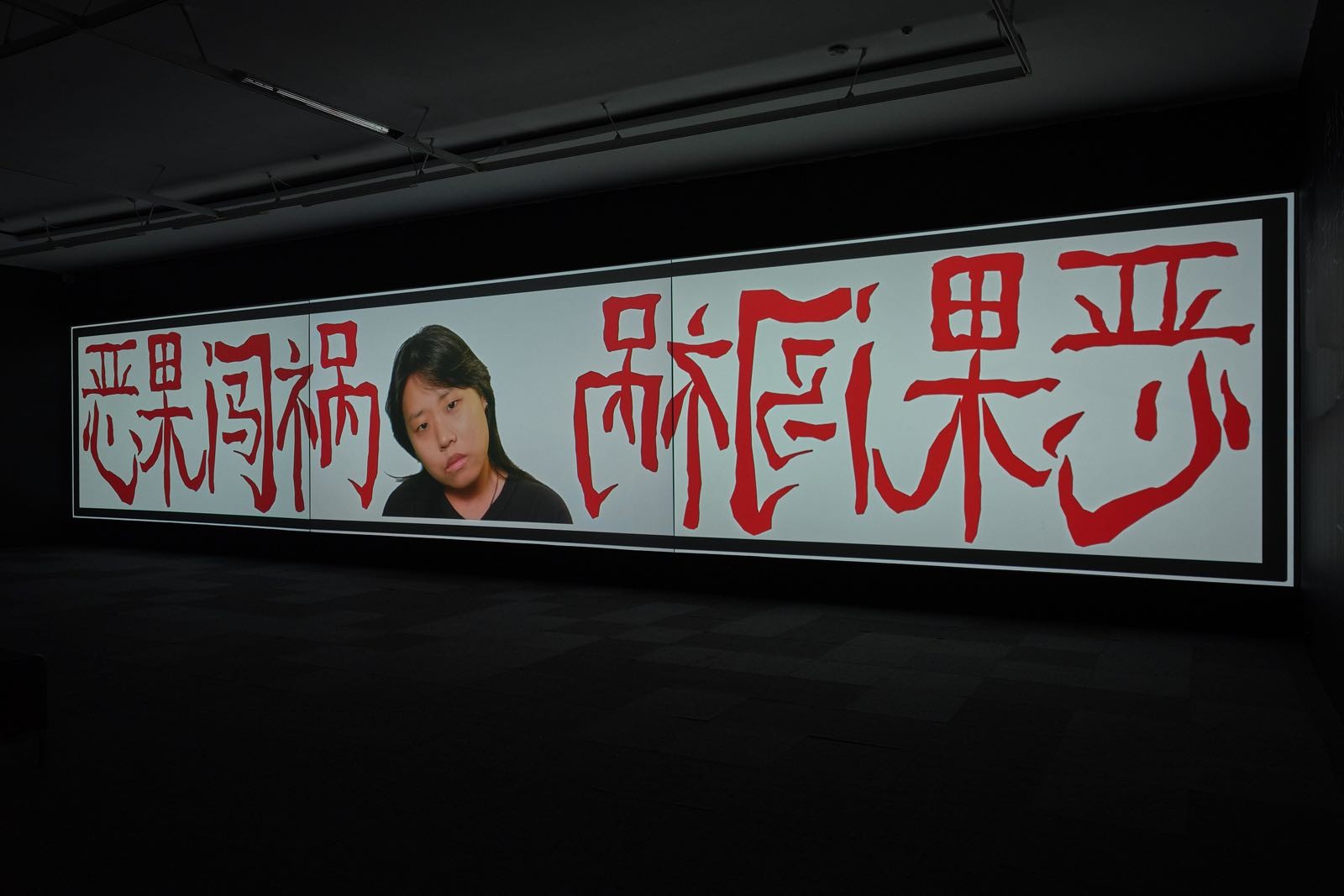 14-metre-long three-channel projection of the artists' artwork in a dark space