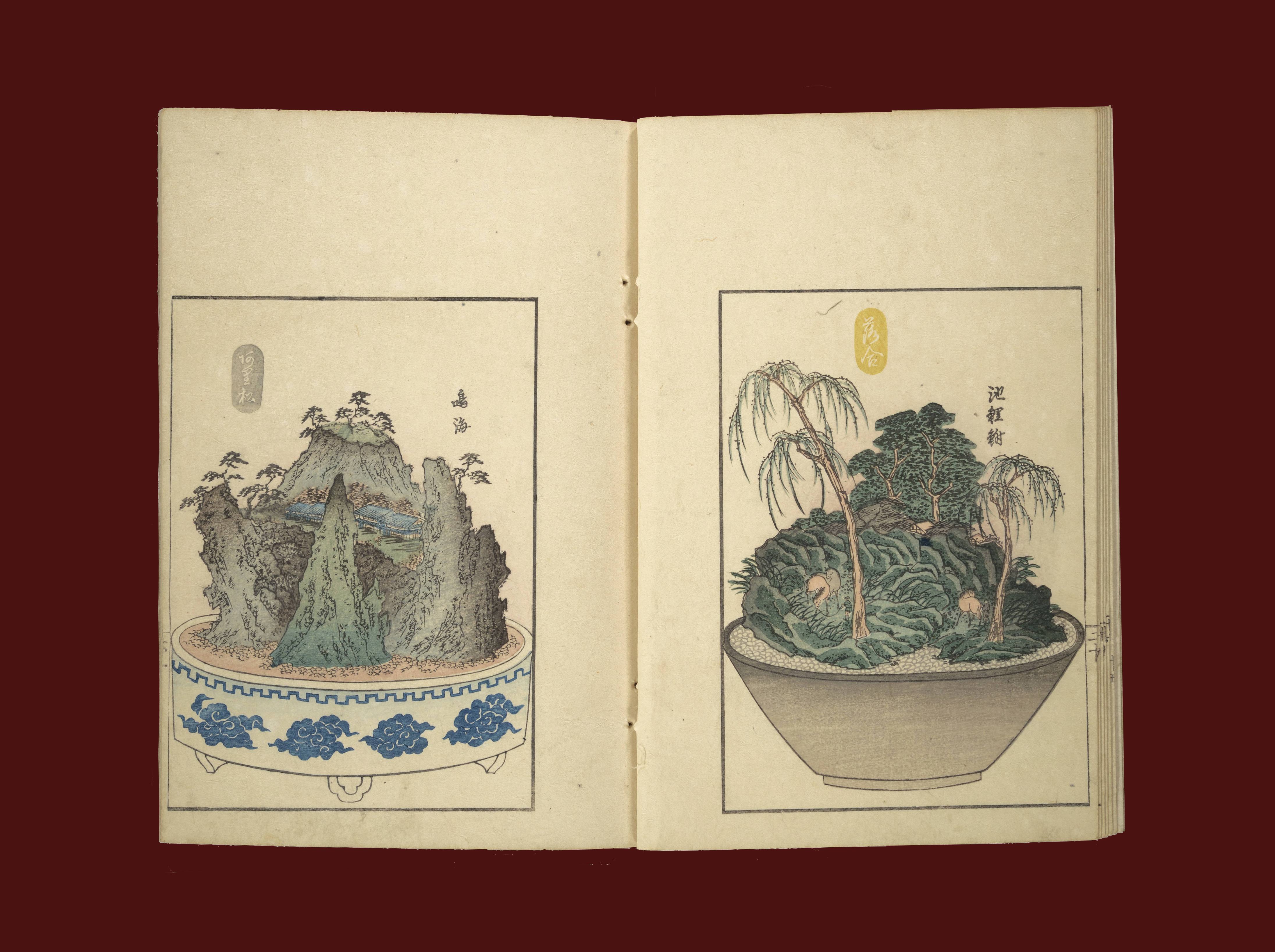 Woodcut illustrations of landscape bonsai in containers.