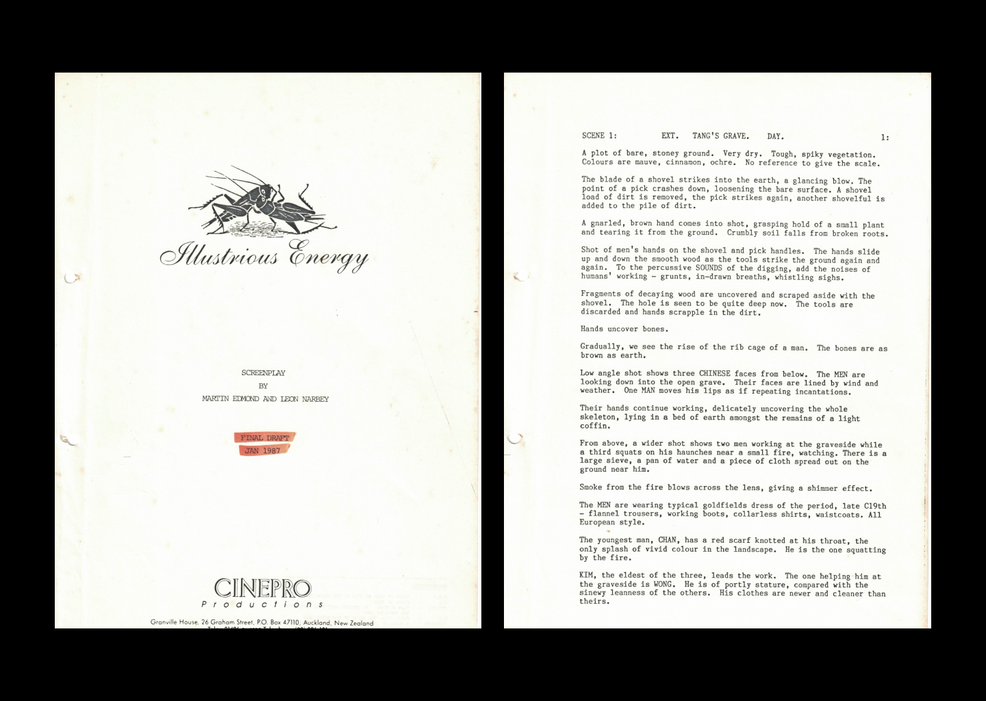 Title page and first page of a film script. The title page has 'Illustrious Energy' in a cursive font and two grasshoppers locked in a fight.