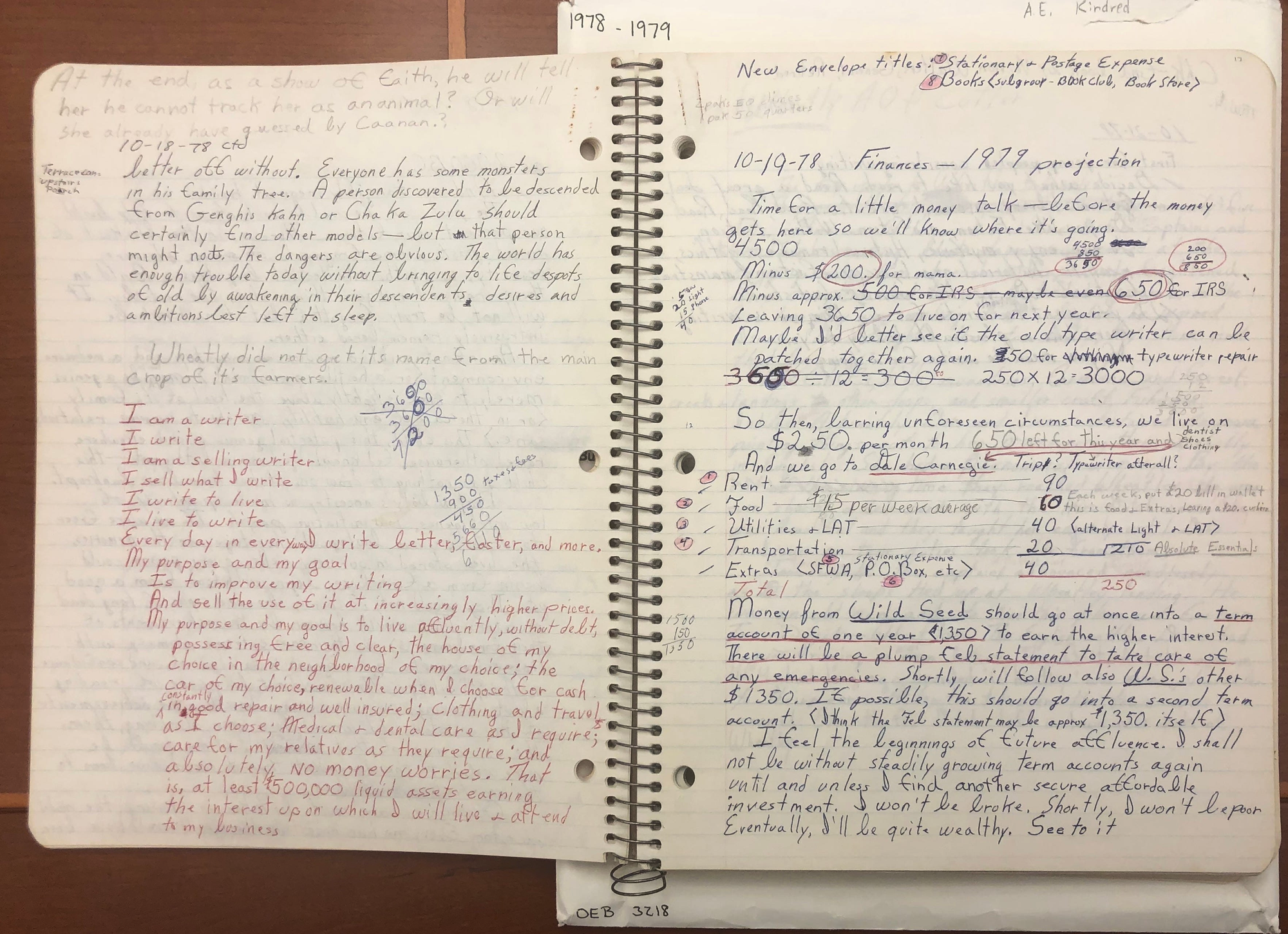 A notebook spread with Octavia Butler's notes.