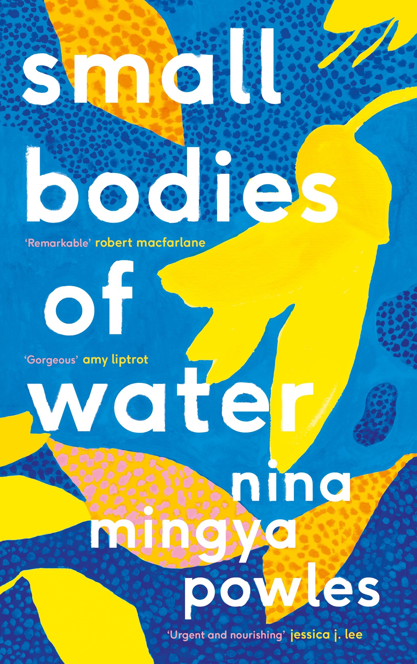 A book cover featuring blue dotted background with abstracted leaves in yellow and orange.