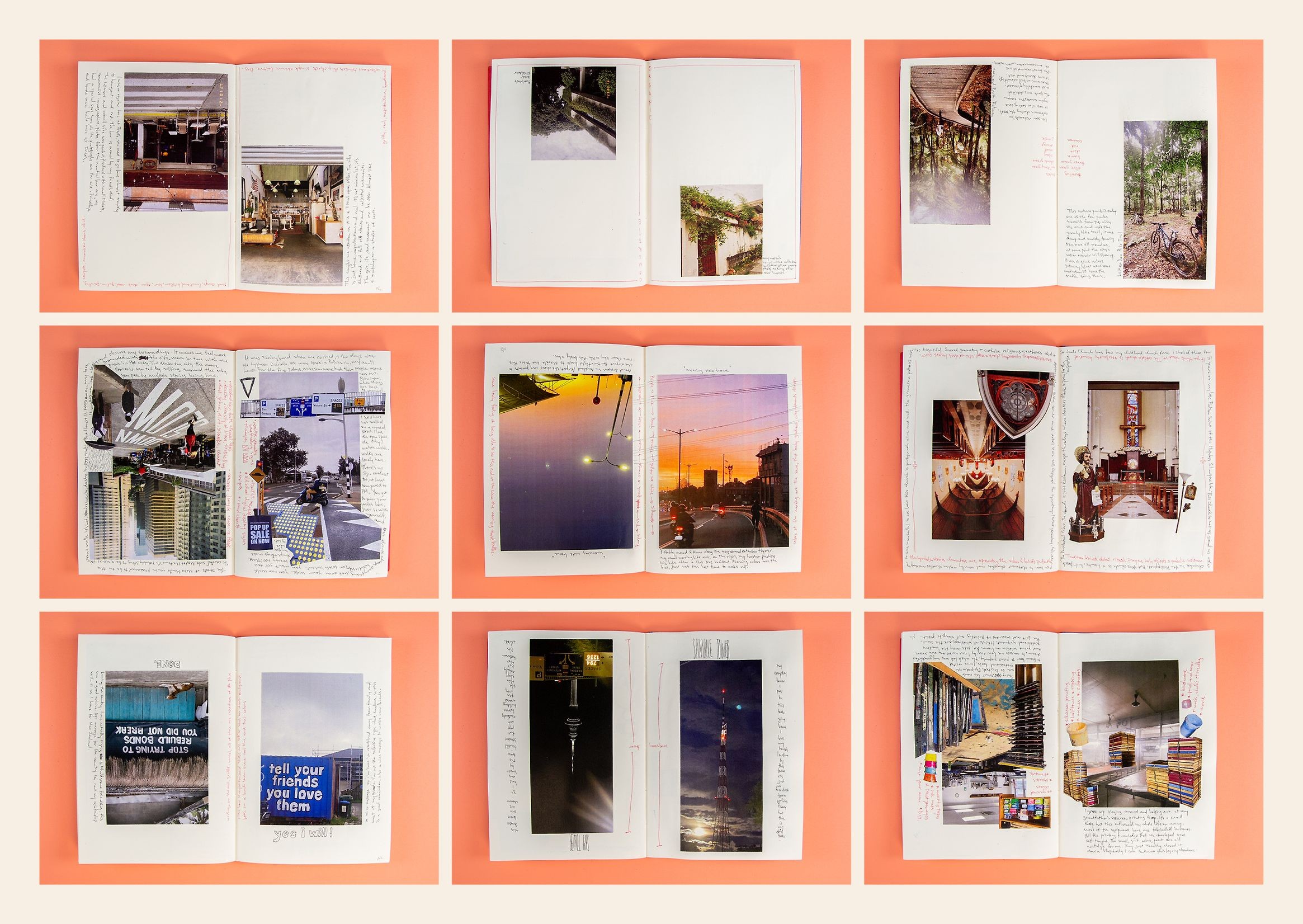 Nine photos of zine pages showing collages of images taken from the Philippines and Aotearoa with handwritten notes scribbled around them