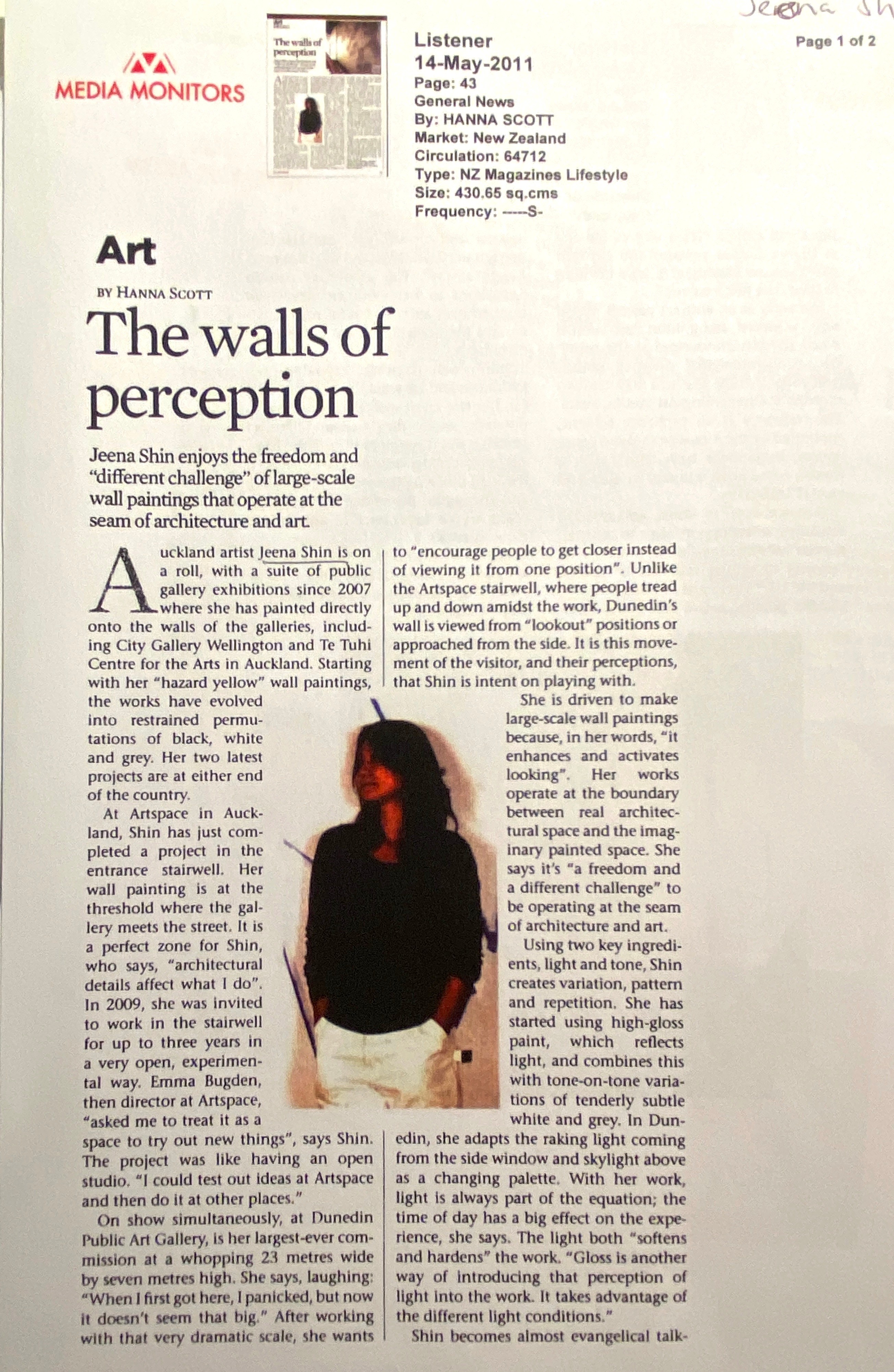 Magazine article with photographs of Shin and her work. 