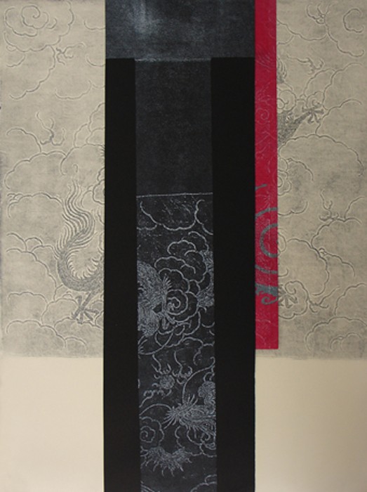 The delicate mgrey form of a dragon amongst clouds is split into three panels and colours of cream, black and red.