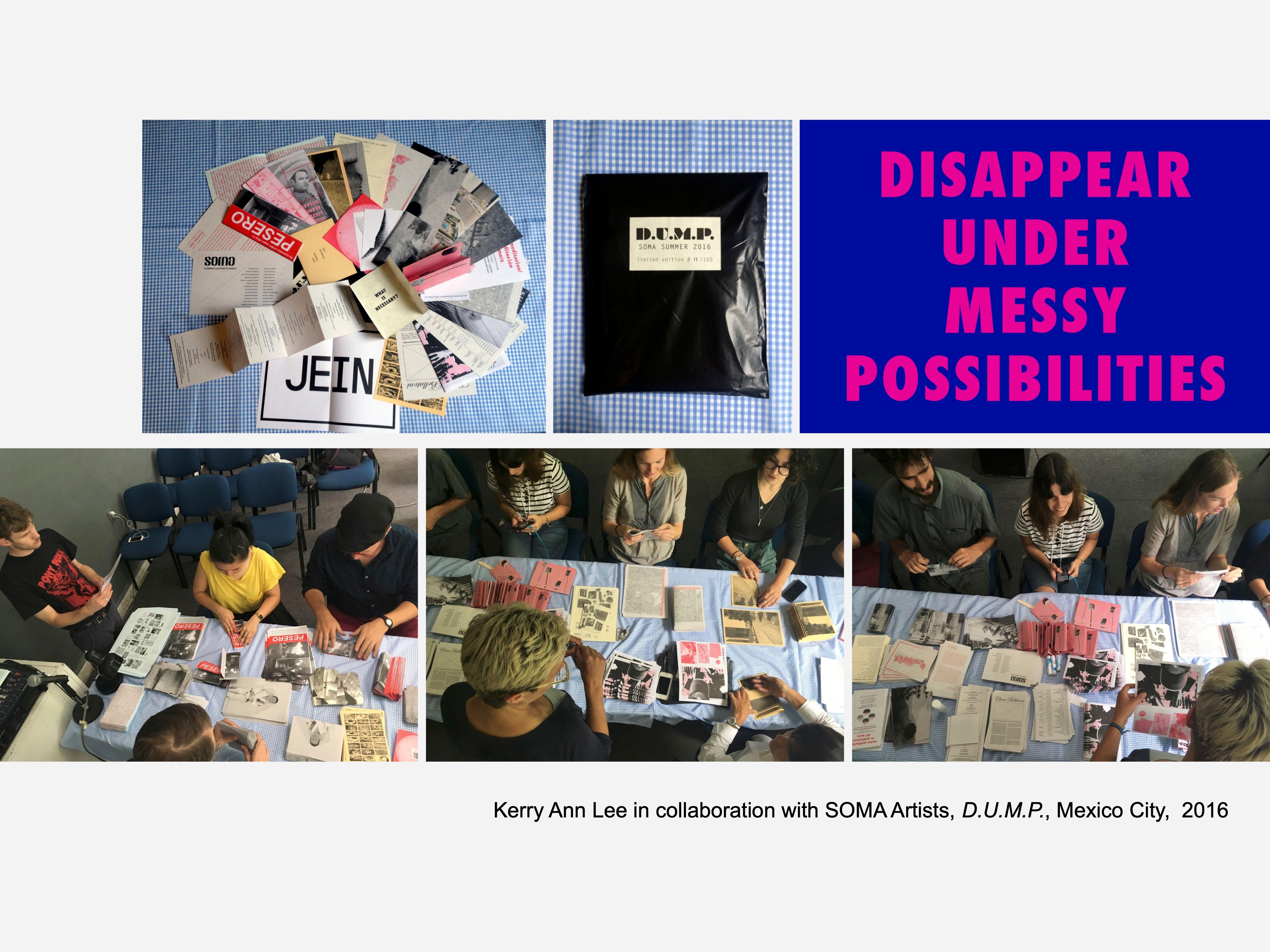 Photos of zines and people sitting at a table assembling zines