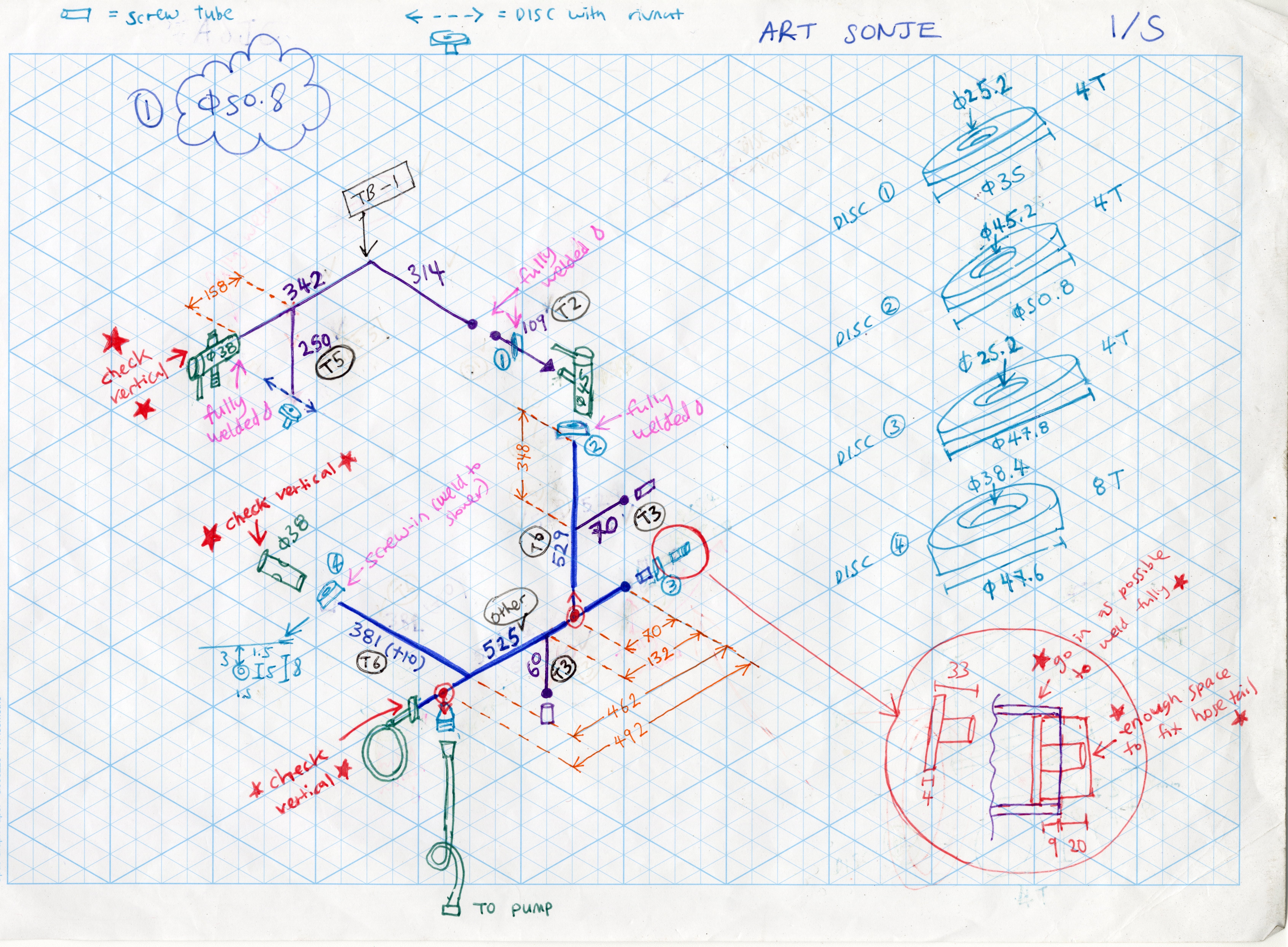 A sheet of isometric grid paper with drawings and measurements in different coloured pens, planning for the fabrication of a sculpture