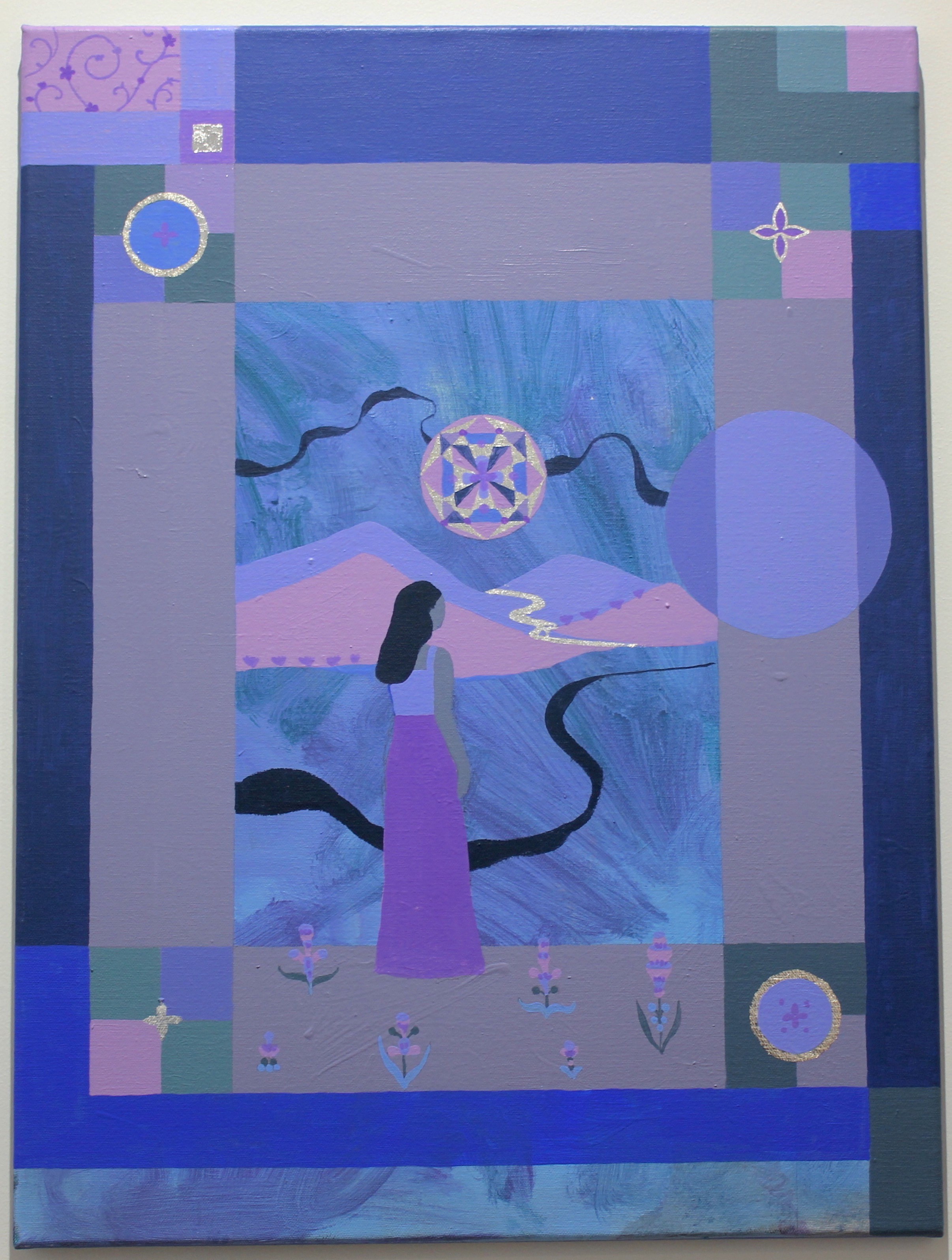 A painting with blue, purple, and grey tones. There is a a woman depicted in the painting wearing a long skirt, and short sleeved top, and her back is facing the viewer. She stands in a rectangular portion of the painting that is in the centre of the composition. This section has a distinct grey border and there are several other squares at the corners of the painting. . The 