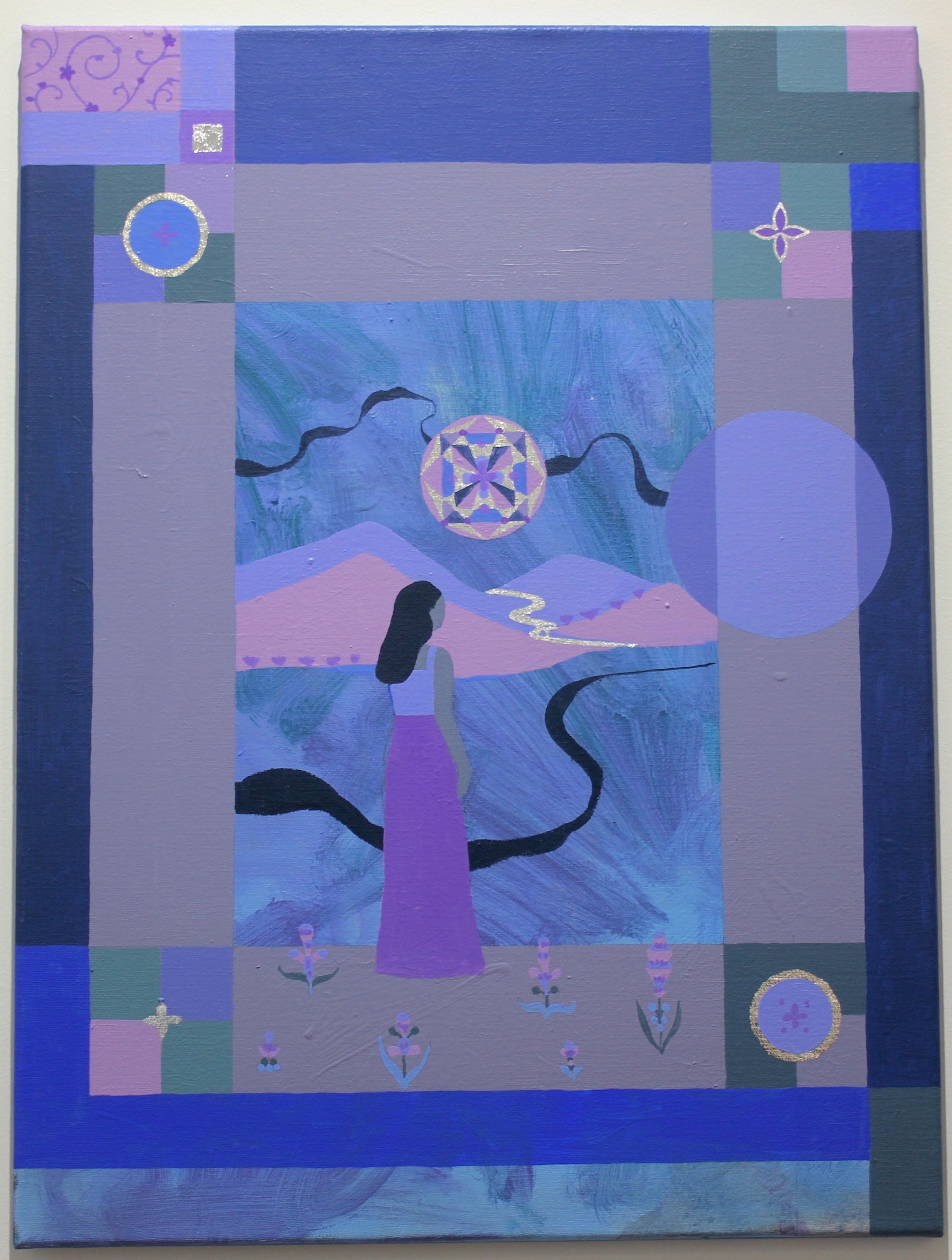 A painting with blue, purple, and grey tones. There is a a woman depicted in the painting wearing a long skirt, and short sleeved top, and her back is facing the viewer. She stands in a rectangular portion of the painting that is in the centre of the composition. This section has a distinct grey border and there are several other squares at the corners of the painting. . The