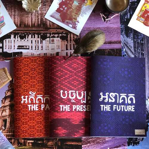 Three zines displayed on top of collaged background of Cambodian cultural imagery. The zines have both Khmer and English text on the front