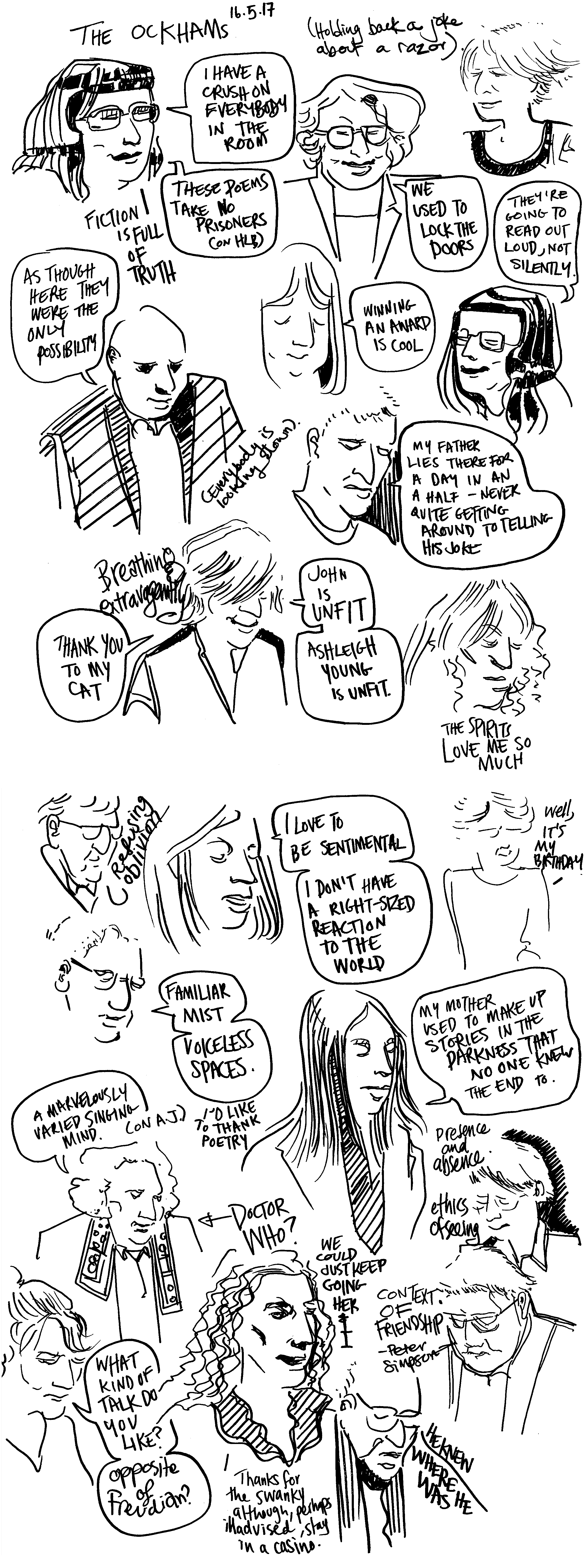 Comic-style drawing documenting an event with portraits of the speakers and speech bubbles with quotes.