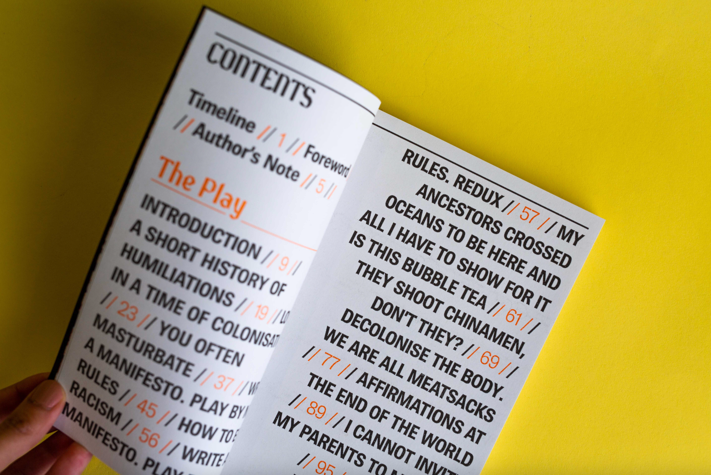 The spread of an open book with bold text design.