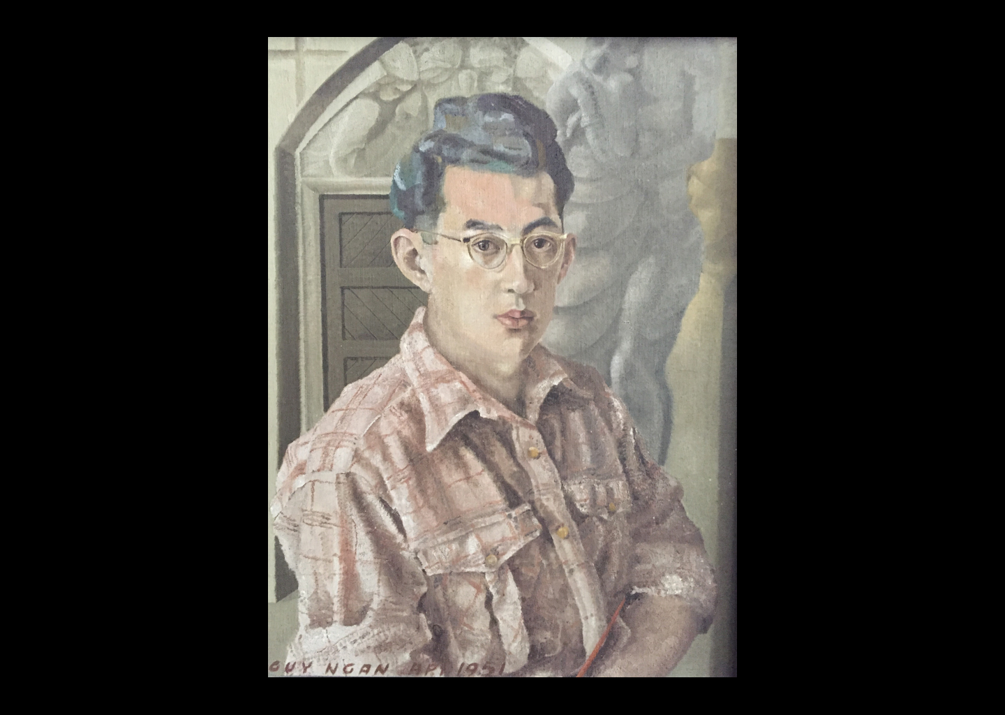 Painted portrait of a young Chinese man in a flannel shirt and glasses.