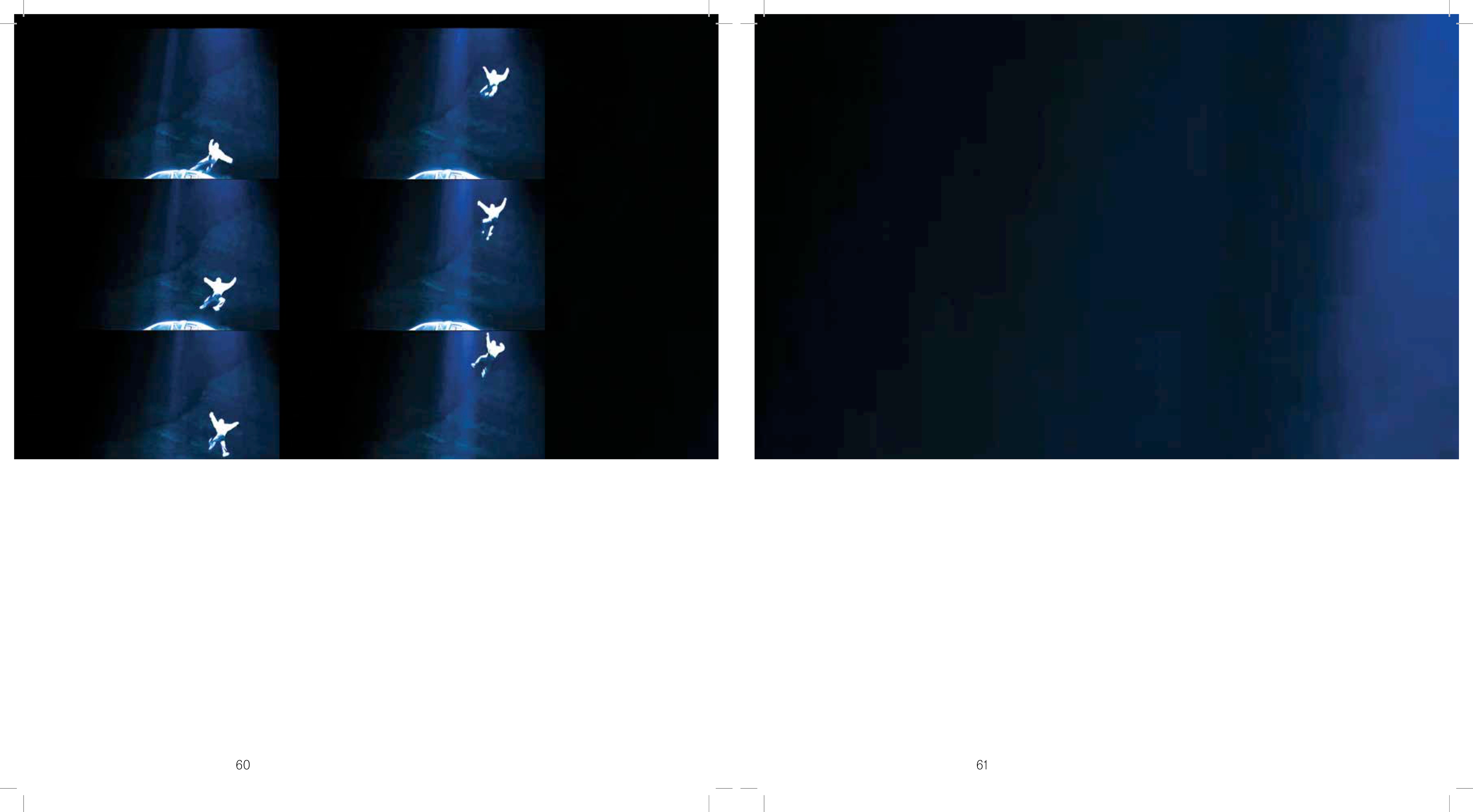 Zoomed out stills of a figure leaping next to an inky blue background.