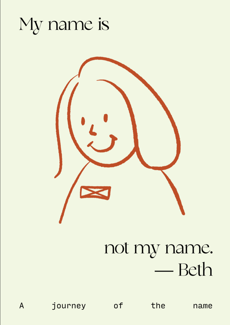 A line art drawing of a girl with a name tag on a faded yellow background and the title "My name is not my name" in black font.