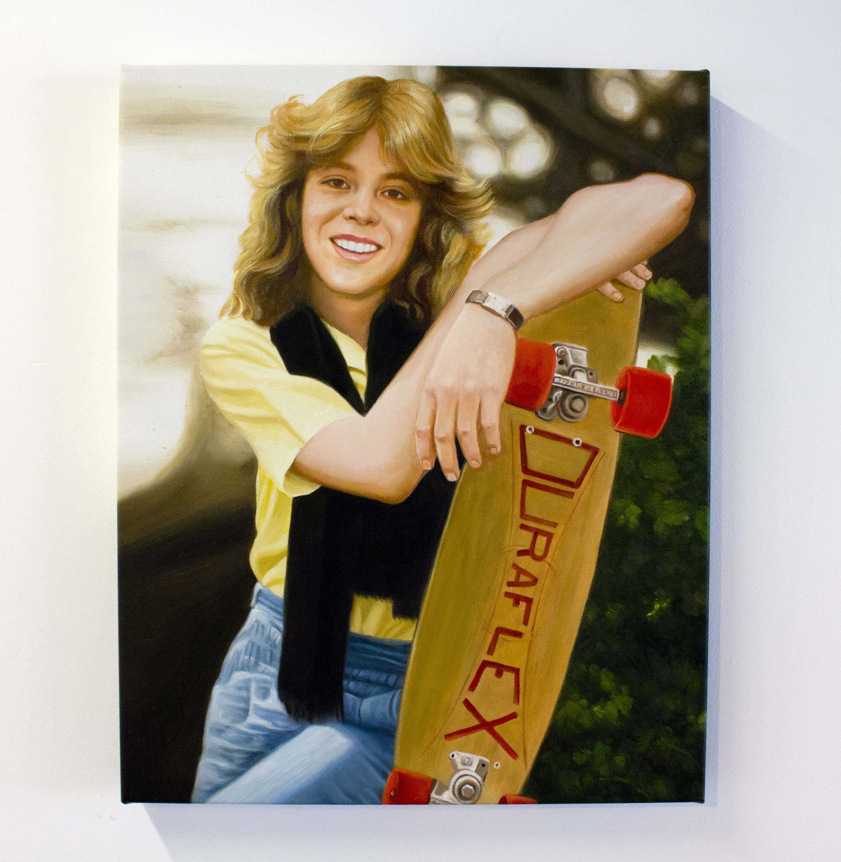 Oil painting of Leif Garrett with a skateboard.