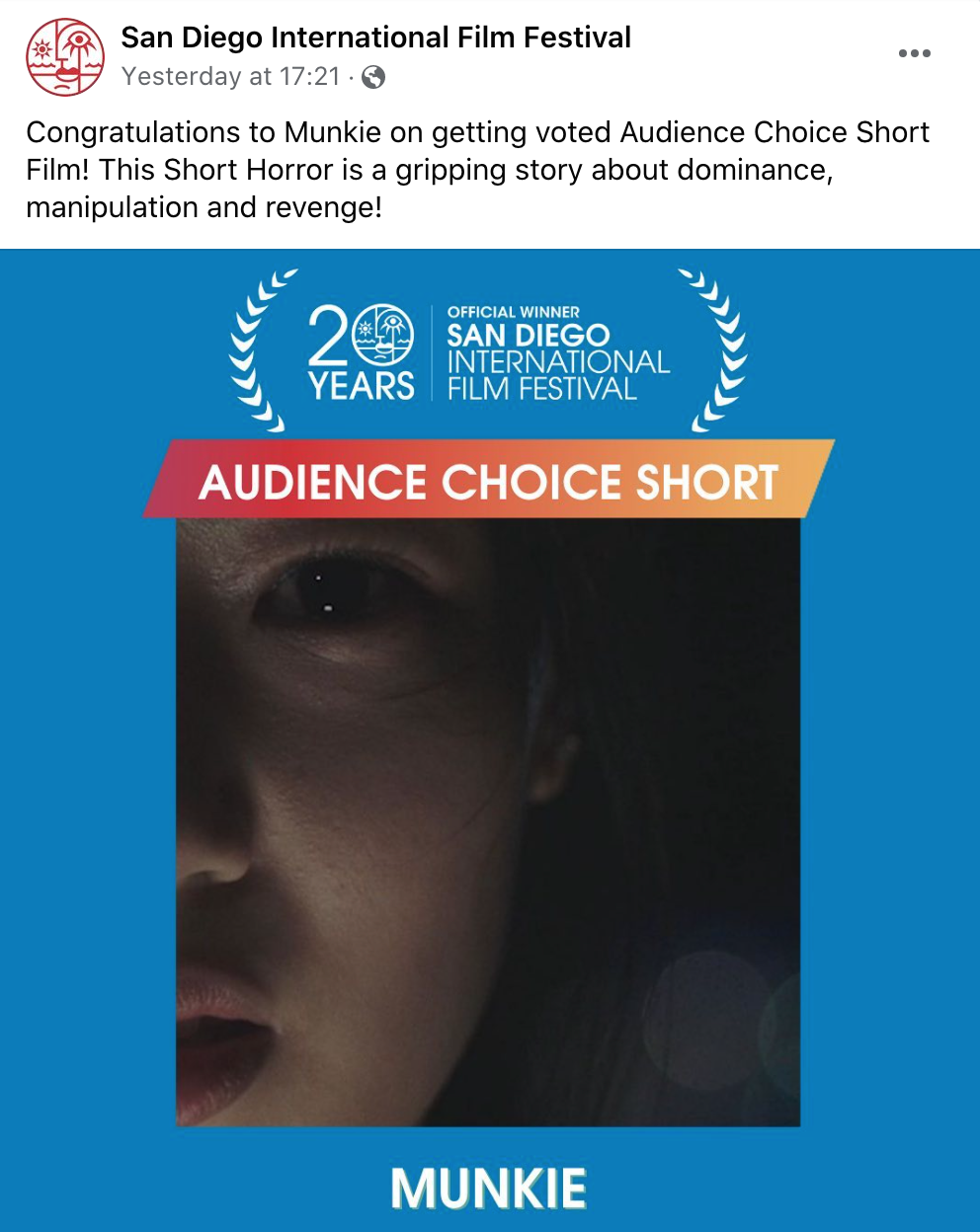 A screenshot of a Facebook post by the San Diego International Film Festival, announcing the film "Munkie" as the winner of the Audience Choice Short award.