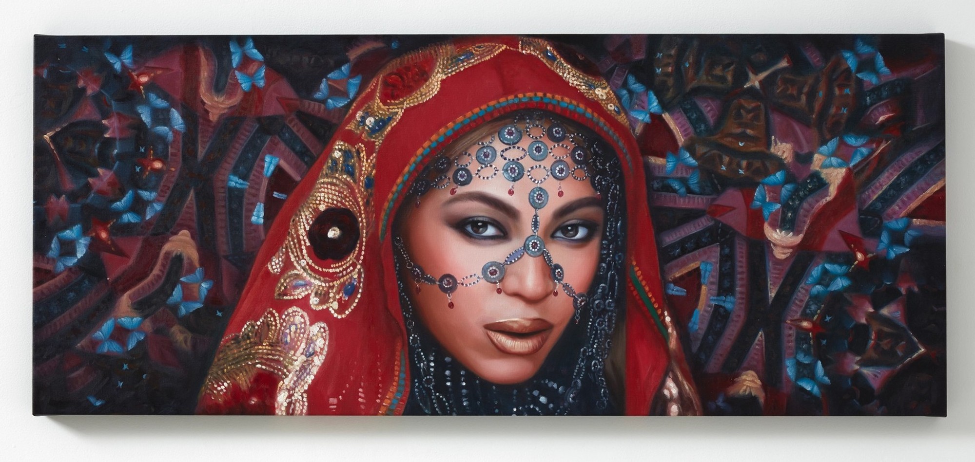 Oil painting of Beyonce wearing Indian adornments.