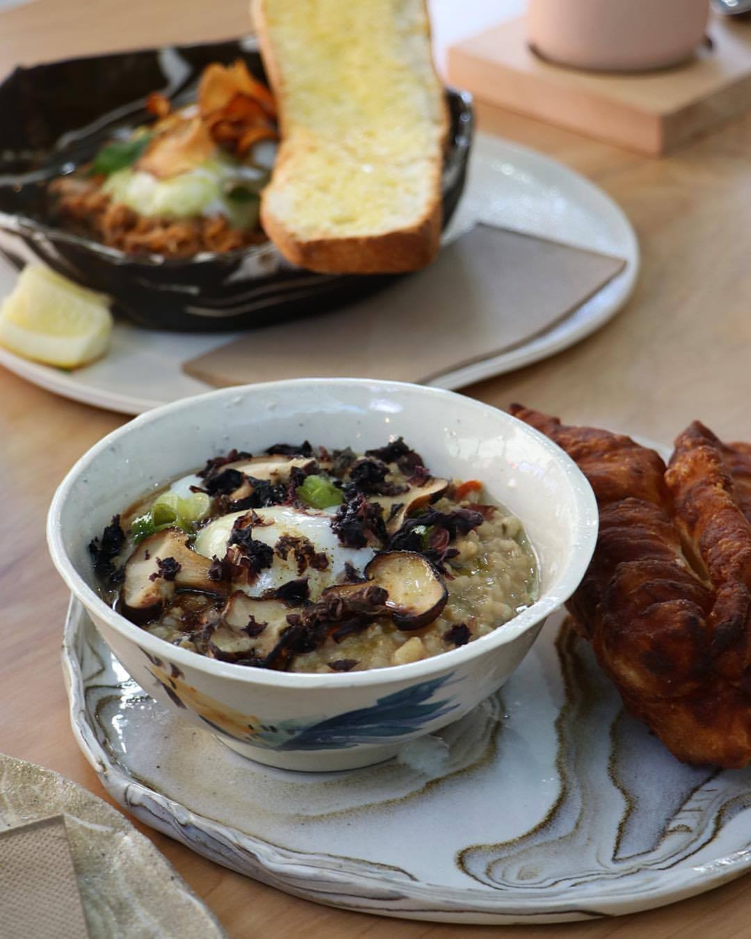 Meal served on marbled ceramics