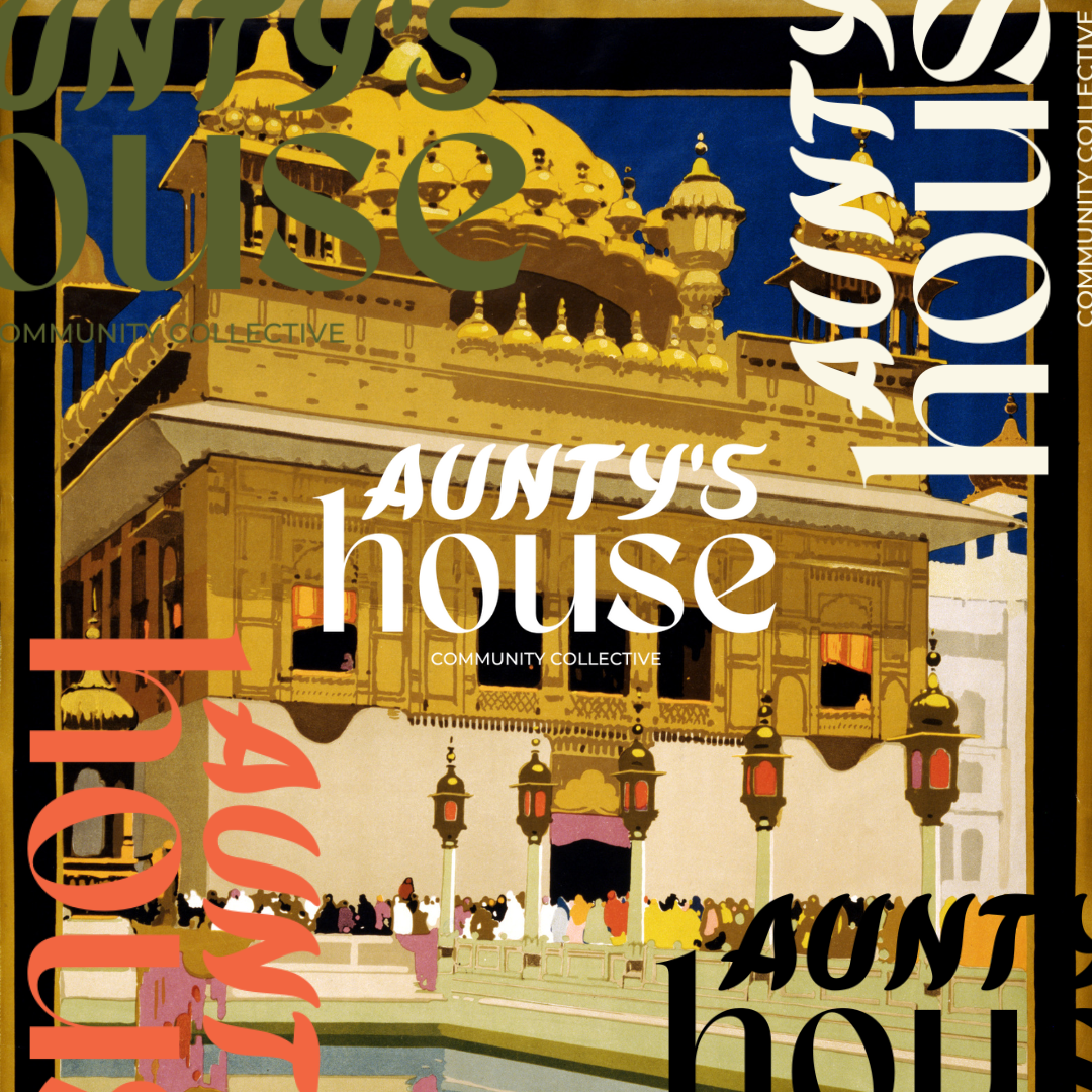 An illustration of a temple with the words "Aunty's house" printed in several places in the forefront of the image.