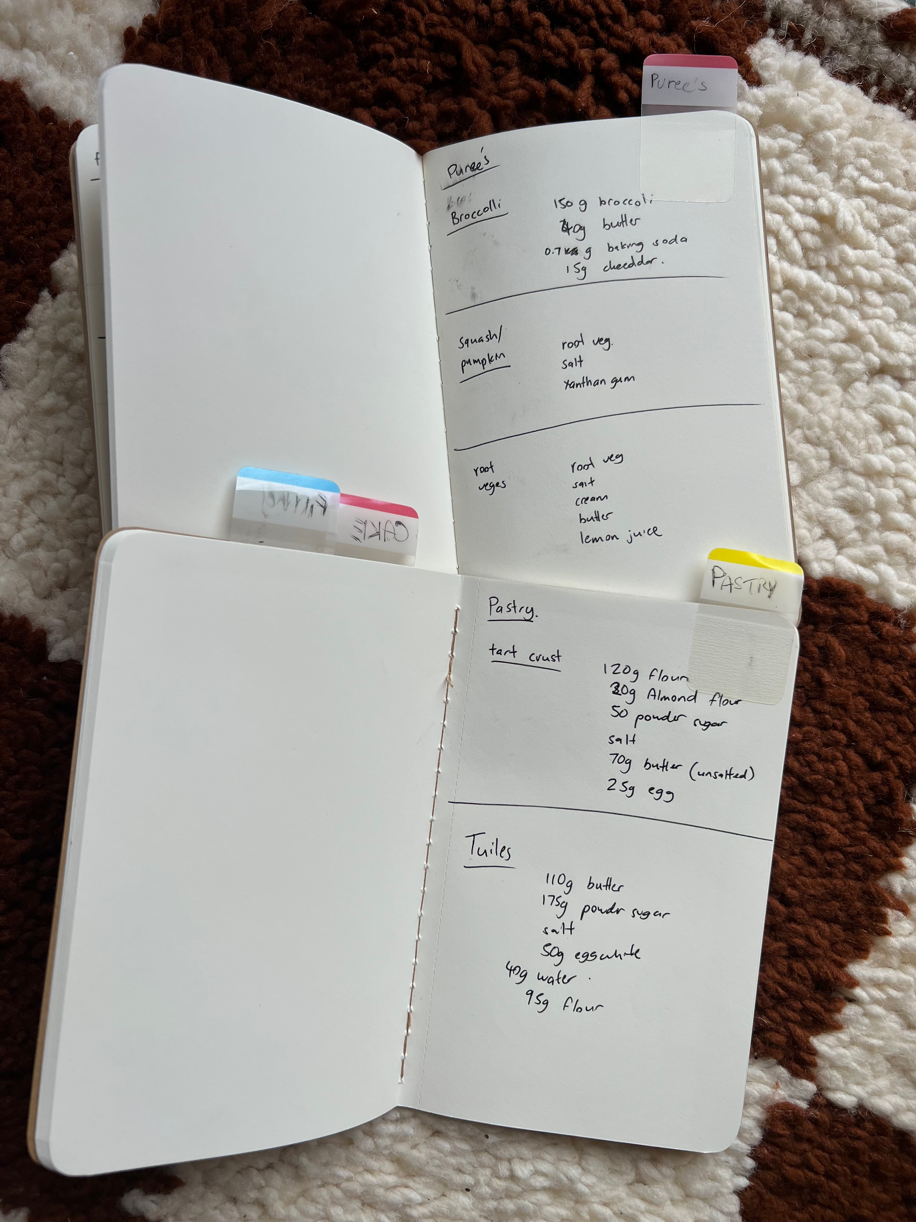 Two open notebooks with recipes for different purees and tart crust