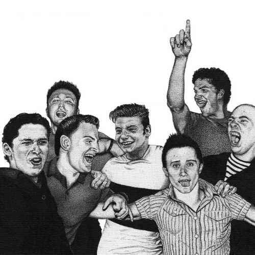 Black and white illustration of a group of boys shouting and grinning