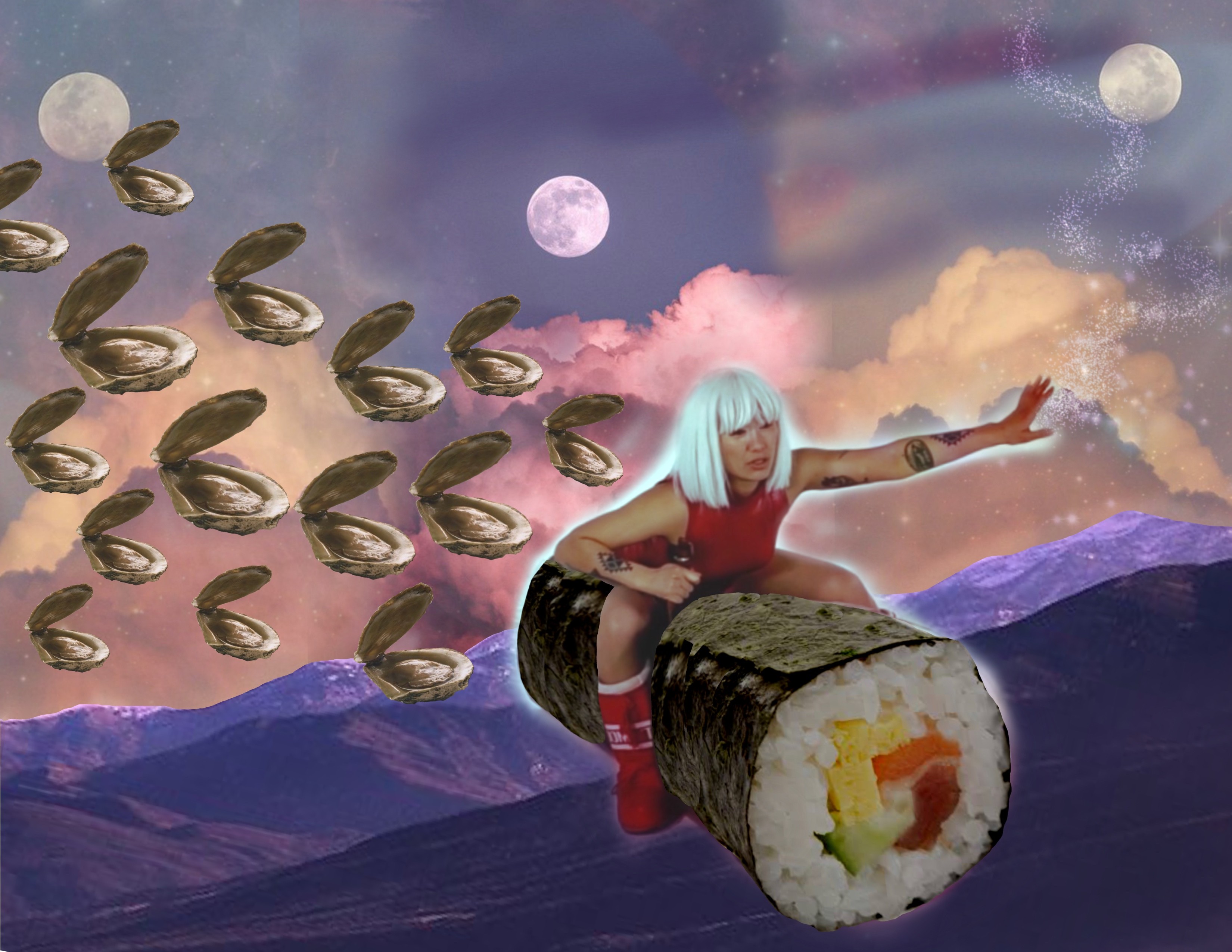 Emiko Sheehan rides a giant sushi roll while being chased by bluff oysters across the sky.