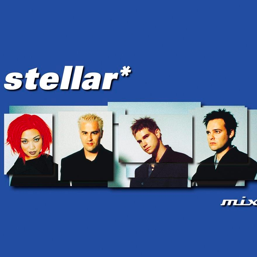 A collage of four people against a blue background. The lead singer has bright red hair