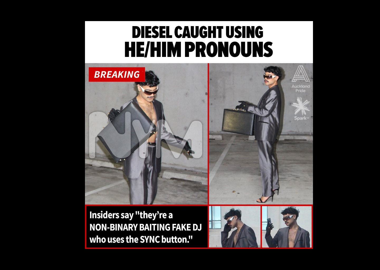 Tabloid style photographs of Diesel with the headline: 'Diesel caught using he/him pronouns'